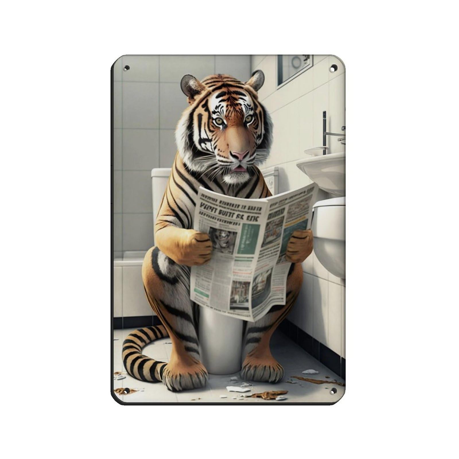 Tiger Sitting on The Toilet Reading A Newspaper Tin Sign Vintage Metal Pub Club Cafe Bar Home Wall Art Decoration Poster Retro 8x12inch(20x30cm)