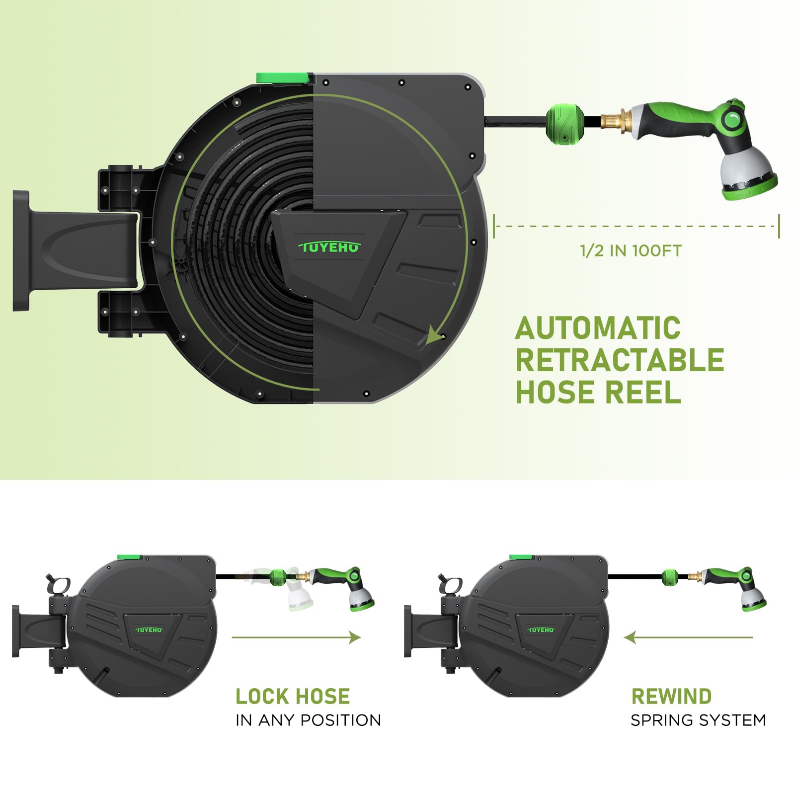 Carrete retráctil para manguera de jardín de 100 pies, montaje en pared resistente, rebobinado lento automático, 2 boquillas