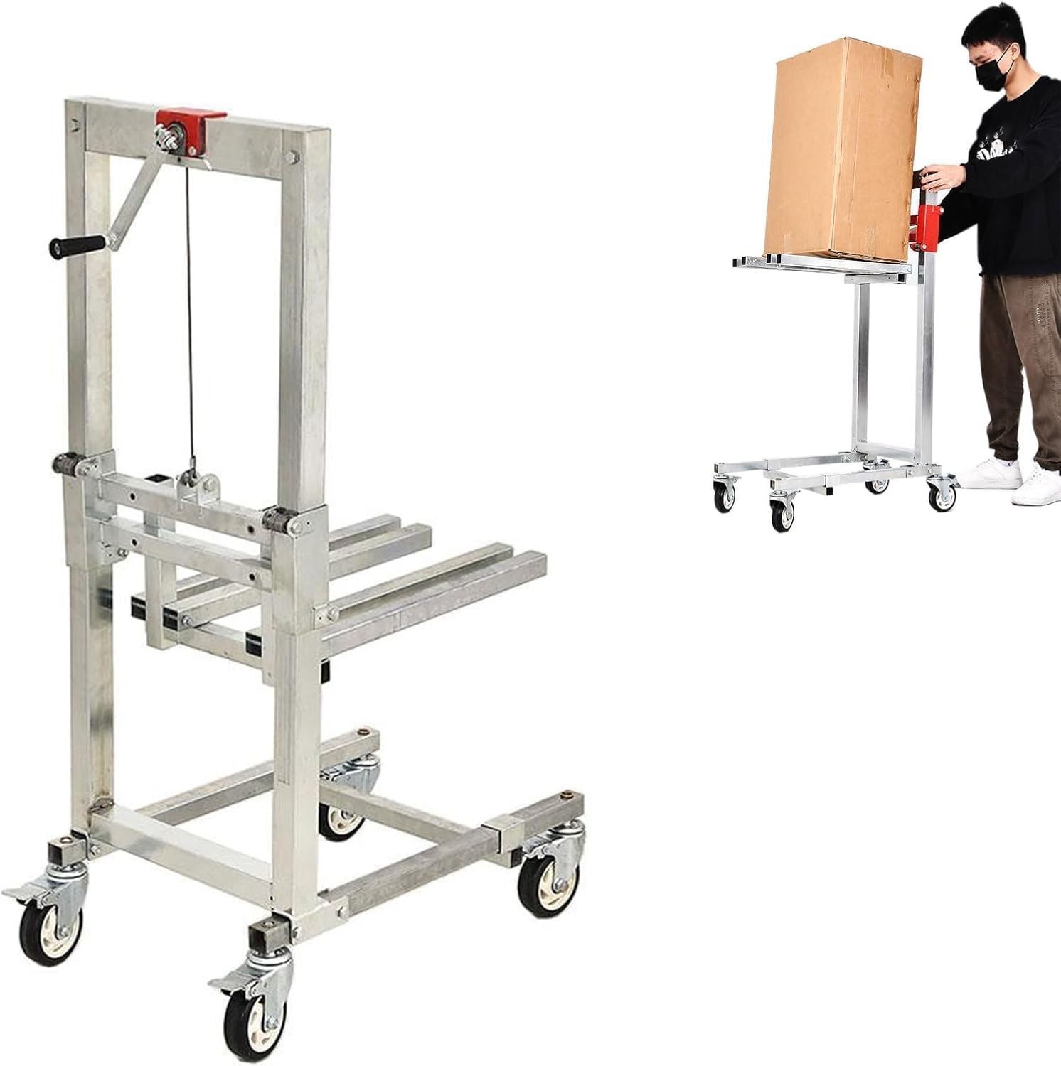 Material Winch Stacker, Foldable Hand Crank Lift Cranes, 130 Lbs Capacity Manual Loader, Adjustable Height,Swivel Casters for Warehouse