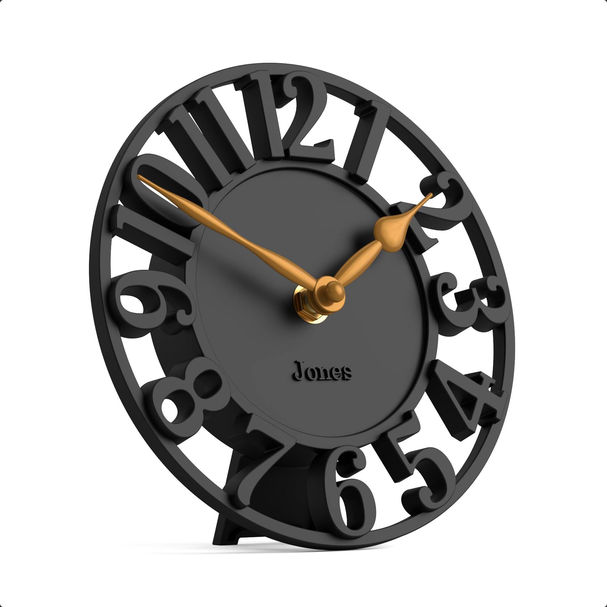 Jones Clocks Black Jones Clocks® Ealing Desk Clock | Mini Skeleton Clock | | Freestanding Contemporary Mantel Clock With Cut Out Numbers For Shelf, Table, Mantel Or Bedside