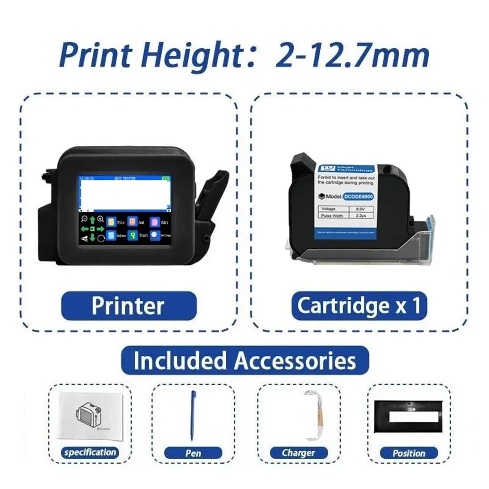 Stampante a Getto d'inchiostro Portatile da 12,7 mm for Etichette con codice a Barre QR, Numero di, Data e con Inchiostro ad Asciugatura Rapida(with 1 Ink)
