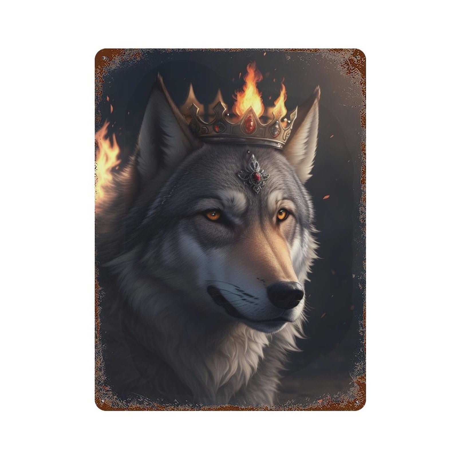 Rust Effect Fire King Wolf Rusty Metal Tin Sign 15.7"x11.8", Old School Wall Decor for Cafe, Home Bar And Lounge Decor