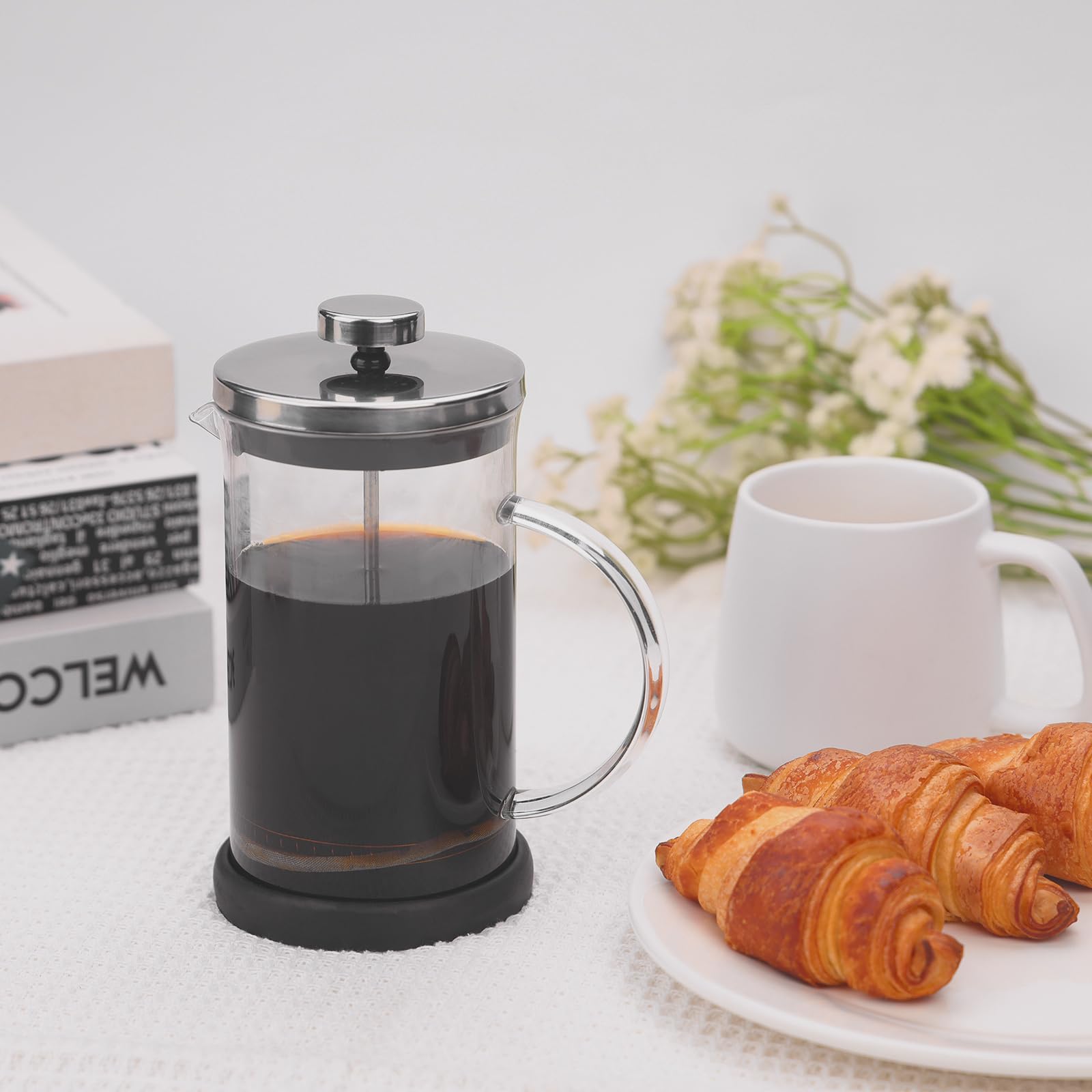 DATEFUN French Press, 600ml Caffettiera Francese con Tripli Filtri, Stantuffo in Acciaio e Contenitore in Vetro Borosilicato, Caffettiera Francese per Caffè o Tè, Lavabile in Lavastoviglie