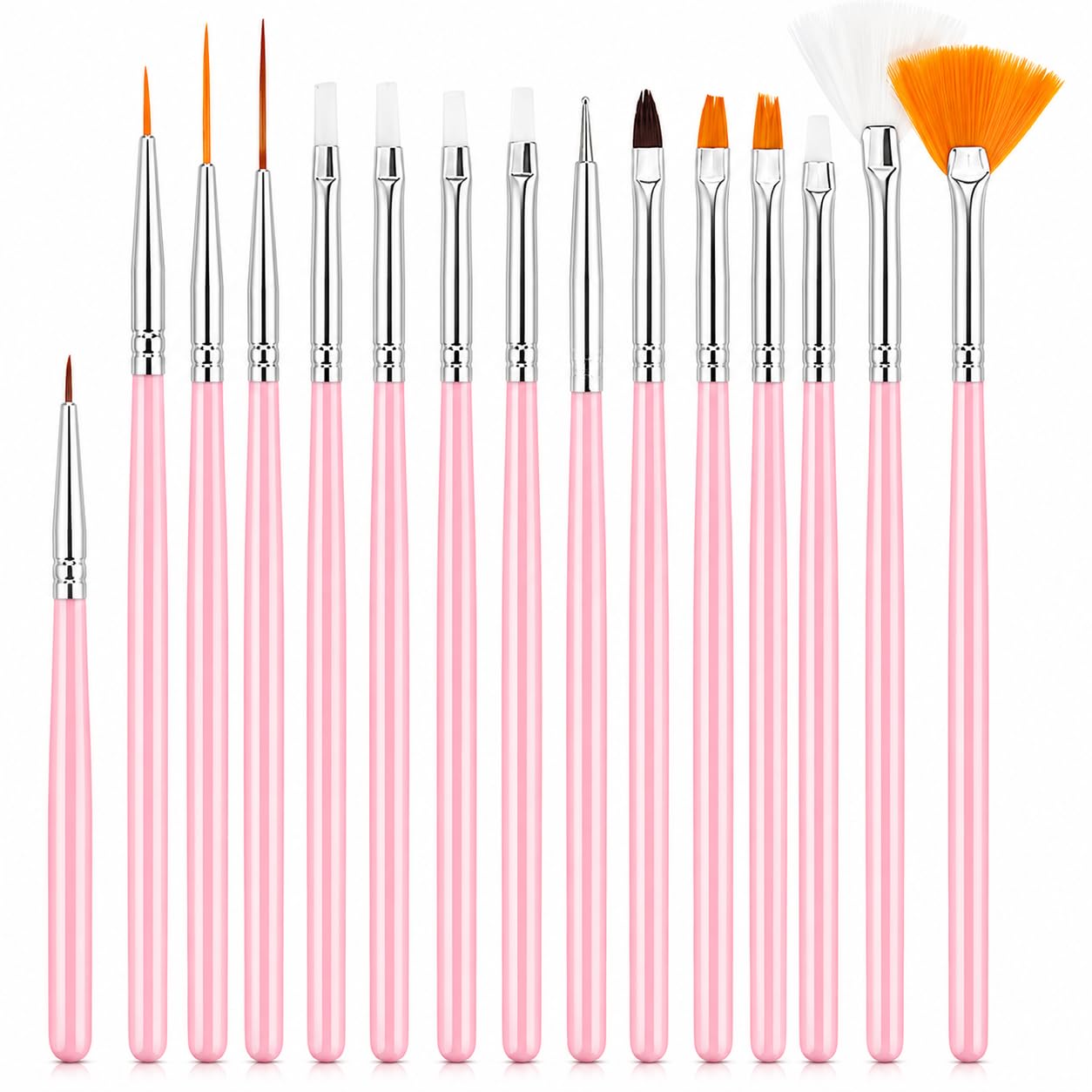 15 Pcs Nail Art Brush Set with Dotting Tools, Liner Brushes, Flat & Fan Brushes for Acrylic, Gel, UV Gel, Painting, Nail Extension & DIY Manicure (Pink)-image-36