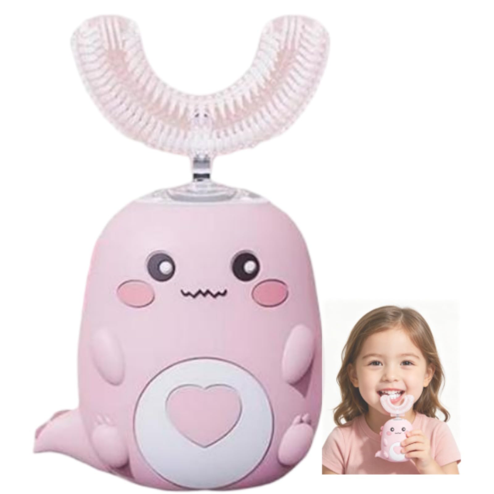 LoulouSmile DinoBrush – Brosse À Dents 360° Pour Enfants, Fabriqué En Silicone Brosse a Dent Enfant, Forme De U Brosse à Dent électrique Enfant, Rechargeable Et Étanche (Rose 2 À 6 Ans)