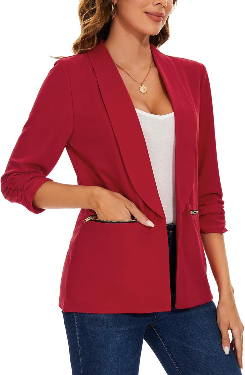 MINTLIMIT Womens Red Blazers Business Casual Open Front Suit Jacket Shawl Collar 3/4 Sleeve Blazer with Zipper Pockets,M - Image 4