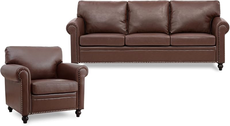 Brown Faux Leather 3 Seater Couches and Sofa Chair Set with Rivet Rolled Arm, Modern Mid Century Sofas for Living Room Apartment Office Easy Assembly (Brown PU, One Sofa+0ne Chair)