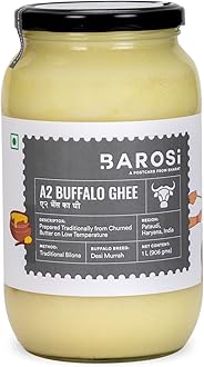 BAROSI [Premium A2 Buffalo Ghee 1 Litre] Danedar Desi Ghee | Vedic Bilona Method | Grass-Fed | Curd-Churned | Pure, Natural & Healthy Ghee (Glass Bottle 1000 ml)
