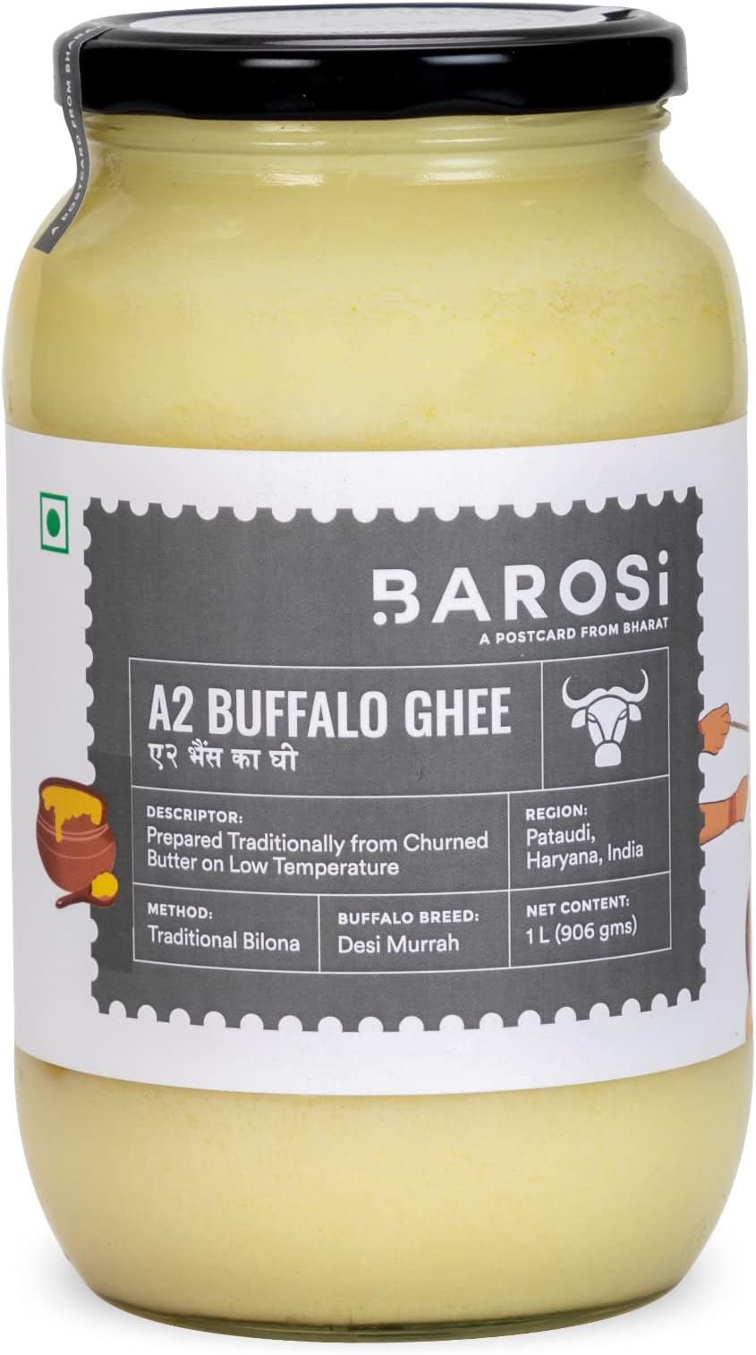 BAROSI [Premium A2 Buffalo Ghee 1 Litre] Danedar Desi Ghee | Vedic Bilona Method | Grass-Fed | Curd-Churned | Pure, Natural & Healthy Ghee (Glass Bottle 1000 ml)