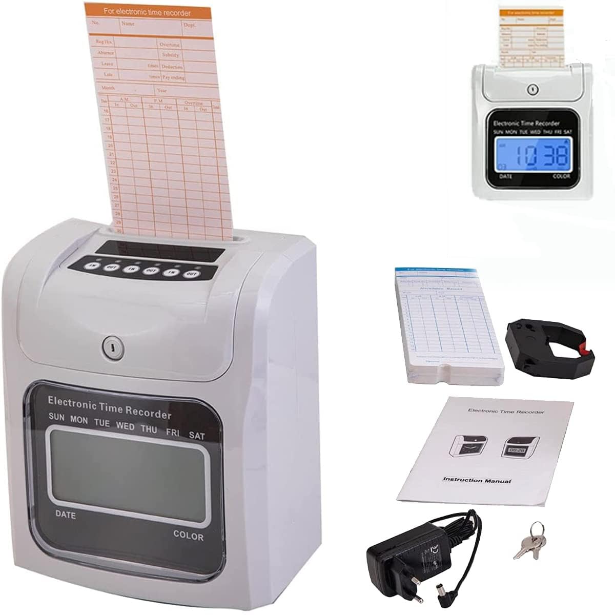960SB - Orologio elettronico per timbri, con 50 carte per orologio, 2 chiavi di sicurezza, 1 alimentatore con indicatore LED per ufficio, fabbrica, scuola