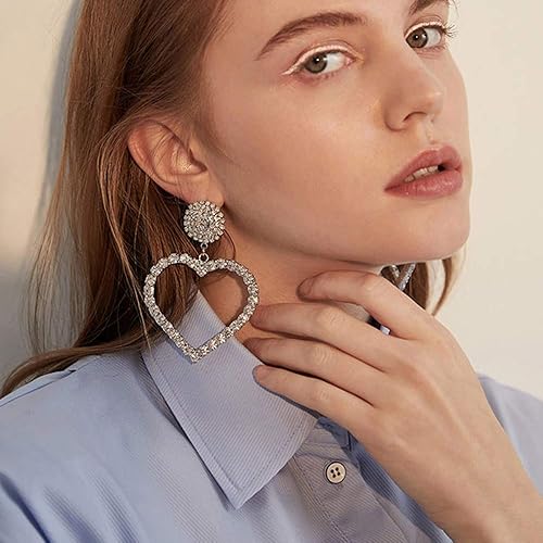 Miniatura 3 de FXmimior Pendientes de barra de amor con diamantes de imitación de corazón plateado para mujer de moda Plata Diamante de imitación Metal Plata