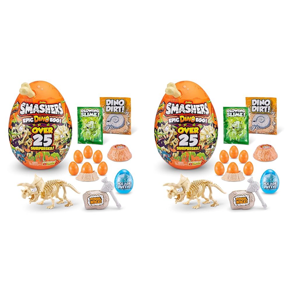Smashers Epic Dino Egg Collectibles Triceratops Series 3 Dino by ZURU - with Over 25 Surprises, Slime, Fossil Toy, Ice Age Putty, Dinosaur Toys, Triceratops (Pack of 2)