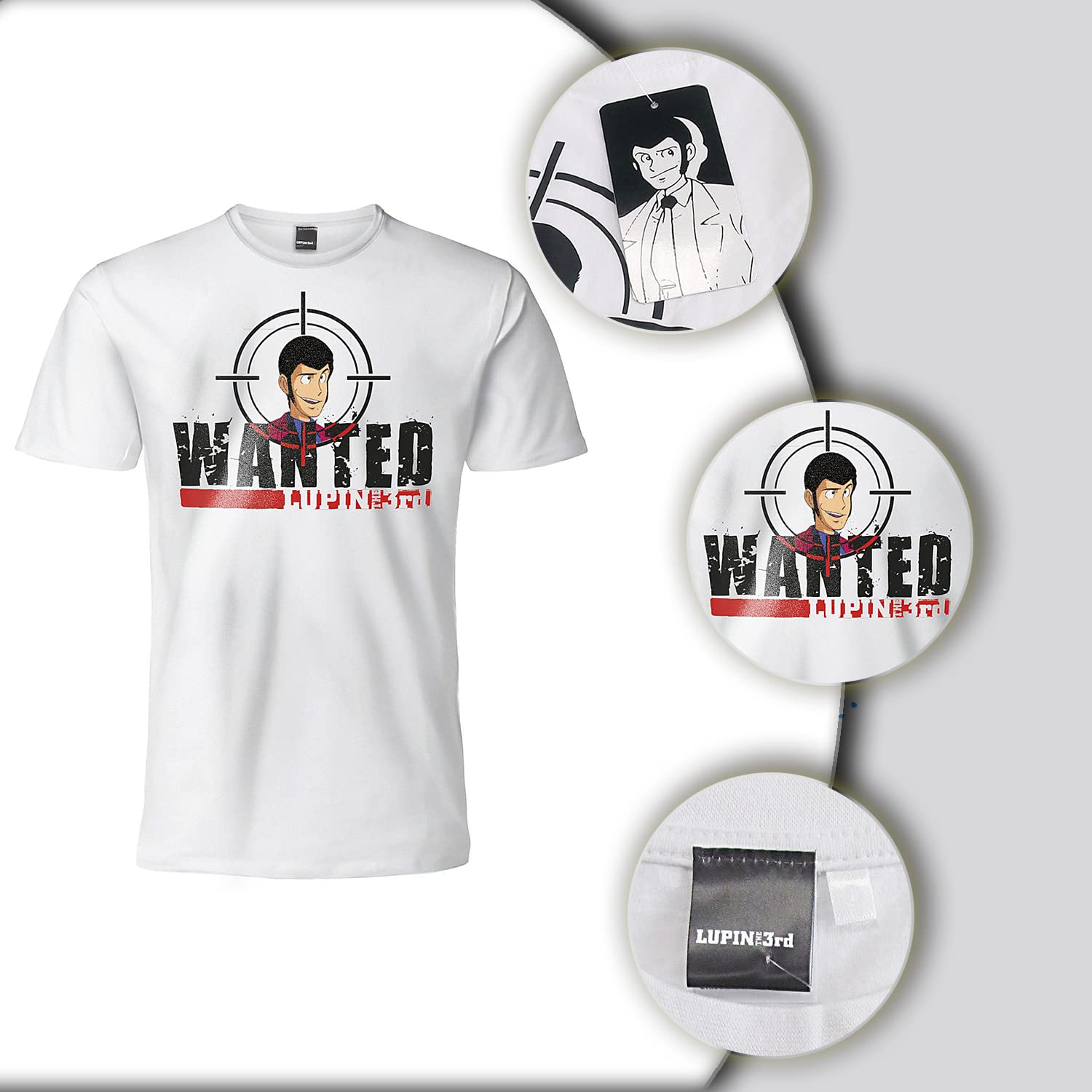 T Shirt Lupin III Wanted. Koszulka z krótkim rękawem w 100% bawełna. Biała koszulka Unisex. Dorosły Chłopiec.