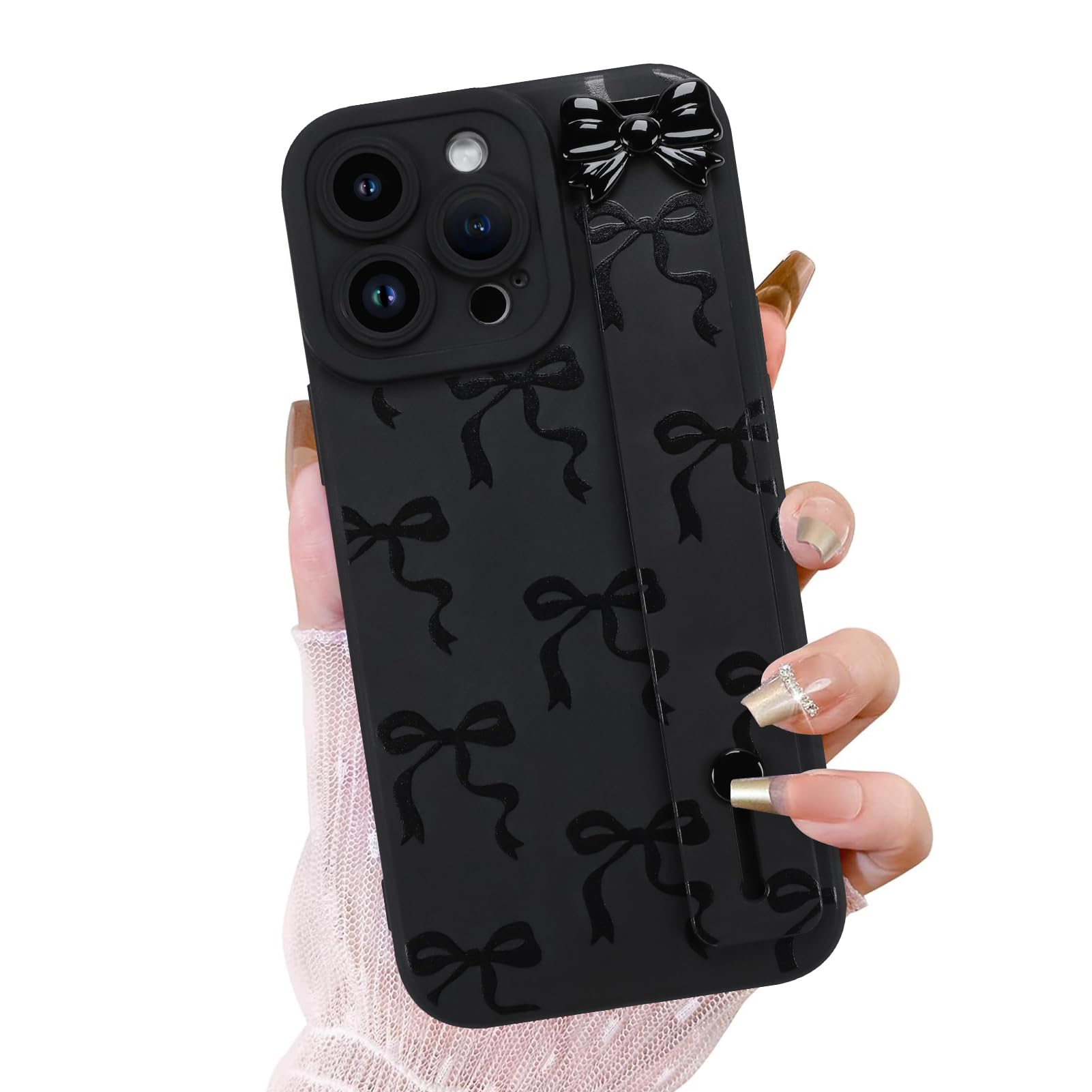 OOK Case for iPhone 14 Pro Max Case with Screen Protector, Cute Bow Design with Adjustable Wristband Strap Kickstand Slim Soft TPU Rubber for Women