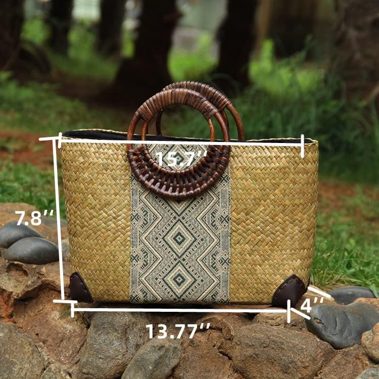 Straw Bag, Summer Beach Handmade Rattan Tote Bag, Large Straw Woven Handbag, Boho Retro Rattan Bag for Women Vacation Beach Travel (Natural) - Image 4
