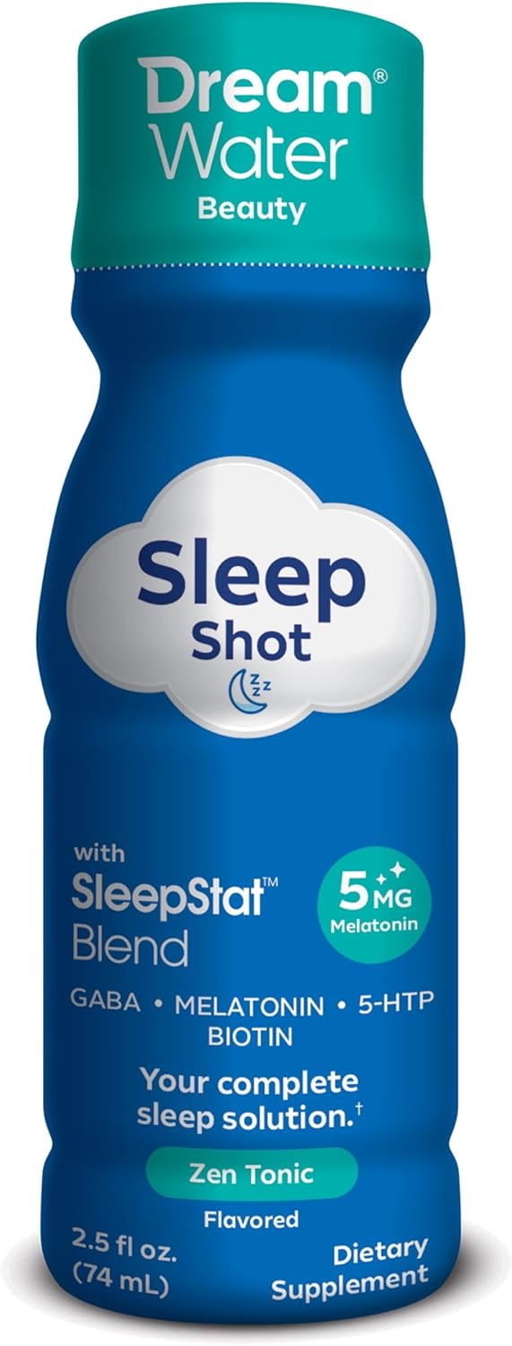 Dream Water Beauty Sleep Aid Drink Supplement; Melatonin 5mg, GABA, 5-HTP, Plus Biotin for Healthy Skin, Hair and Nails; 2.5 oz Liquid Sleep Shots, Zen Tonic 12-Count