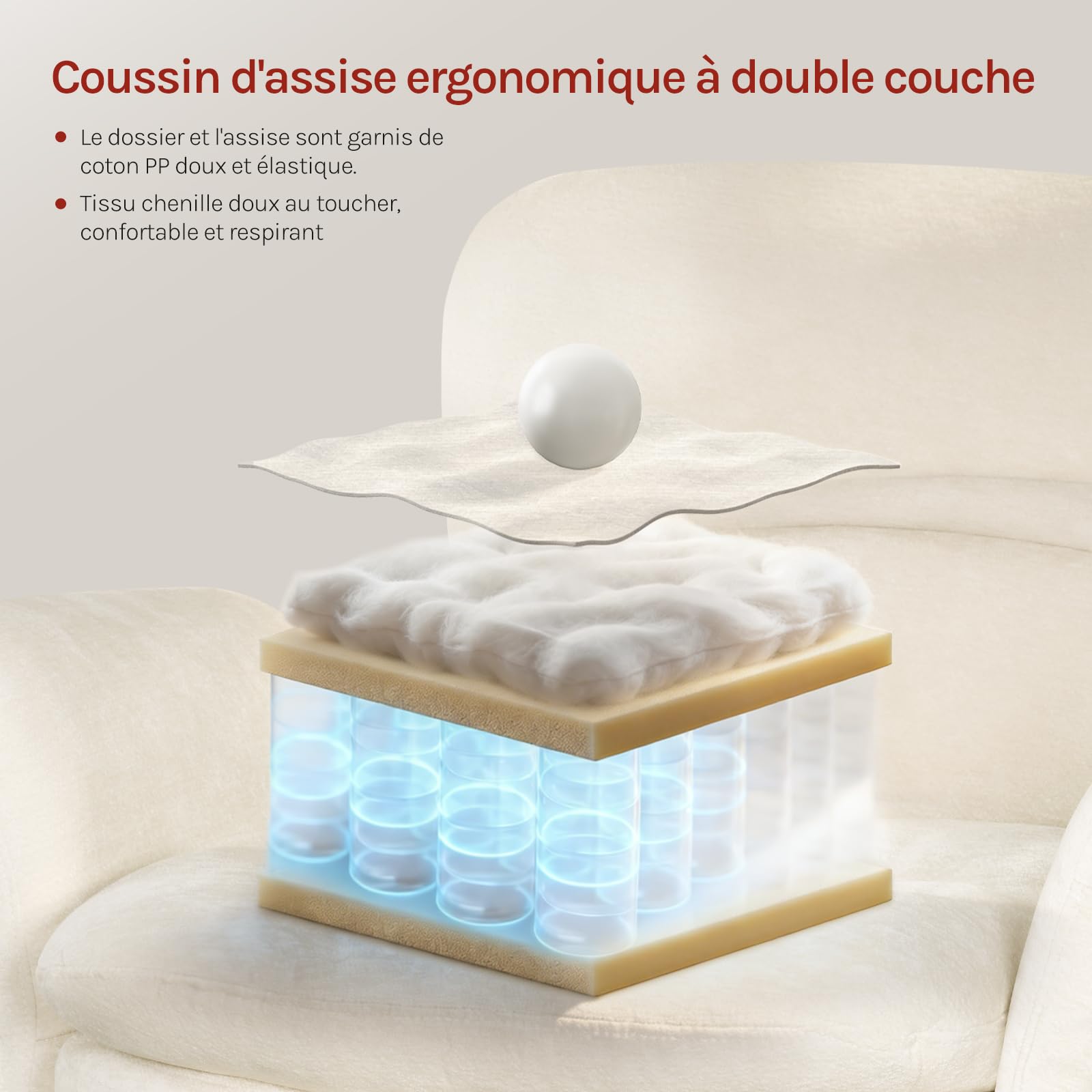 WOLTU Chaise de Bureau, Fauteuil de Bureau Ergonomique, Chenille, Beige | Accoudoirs Réglables sur 5 Niveaux, Pivotant, Double Coussin d'Assise, Poches Latérales et Hauteur Réglable
