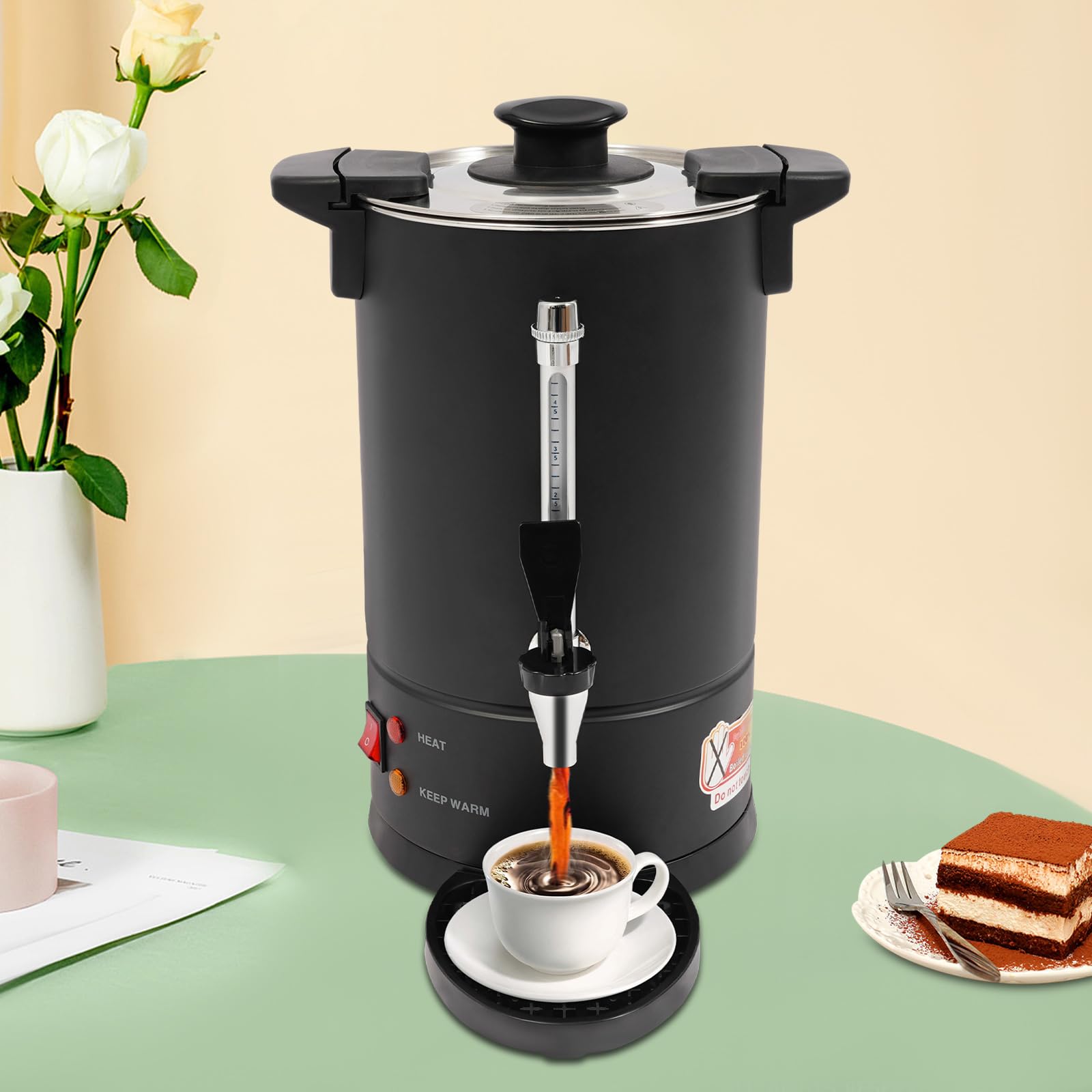 Coffee Urn, Commercial-Grade Large 2.11gal Capacity Tabletop Coffee Urn, 950w Stainless Steel Electric Hot Water Pot Urn, Water Gauge, Overheat Protection, Rotating Lid, Black