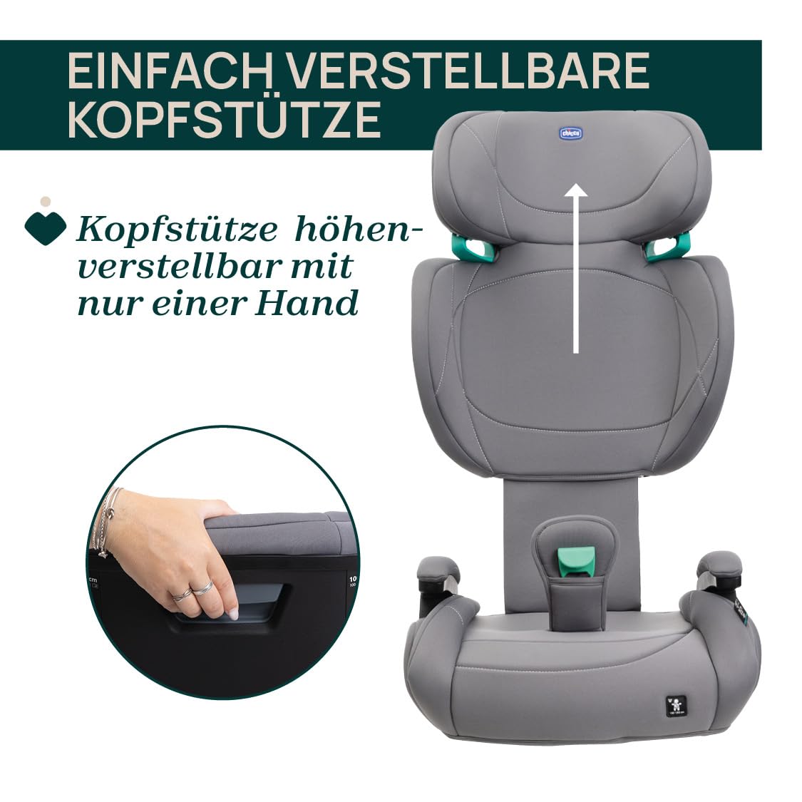 Chicco Quizy Lite i-Size, Kinderautositz 3-12 Jahre (100-150 cm), Gewicht 15-36 kg, einfach einzubauen, verstellbar, höhenverstellbar, mit gepolsterten Armlehnen und bequemem Sitz, Grau