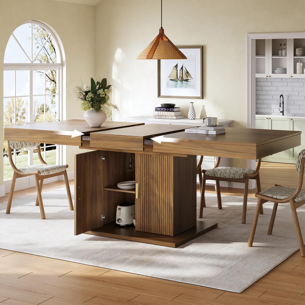 Table à manger extensible avec espace de rangement intégré de 140 à 180 cm, portes ondulées verticales et étagères amovibles (noyer)