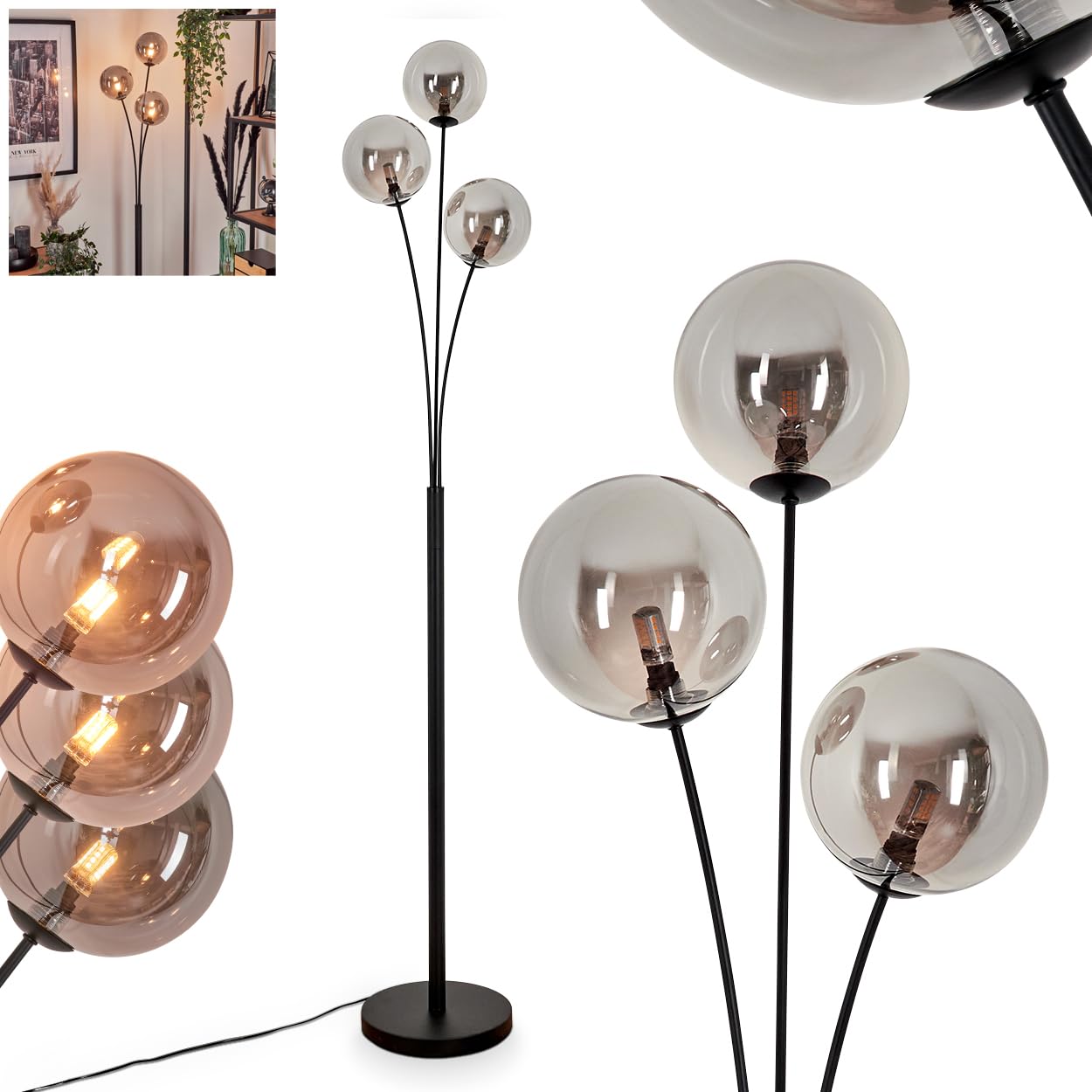 Lampada da terra Bernado, lampada da terra in metallo/vetro nero/color fumo, lampada dal design moderno retrò/vintage con paralumi in vetro (Ø 15 cm), dimmerabile tramite interruttore a pedale, 3 x G9