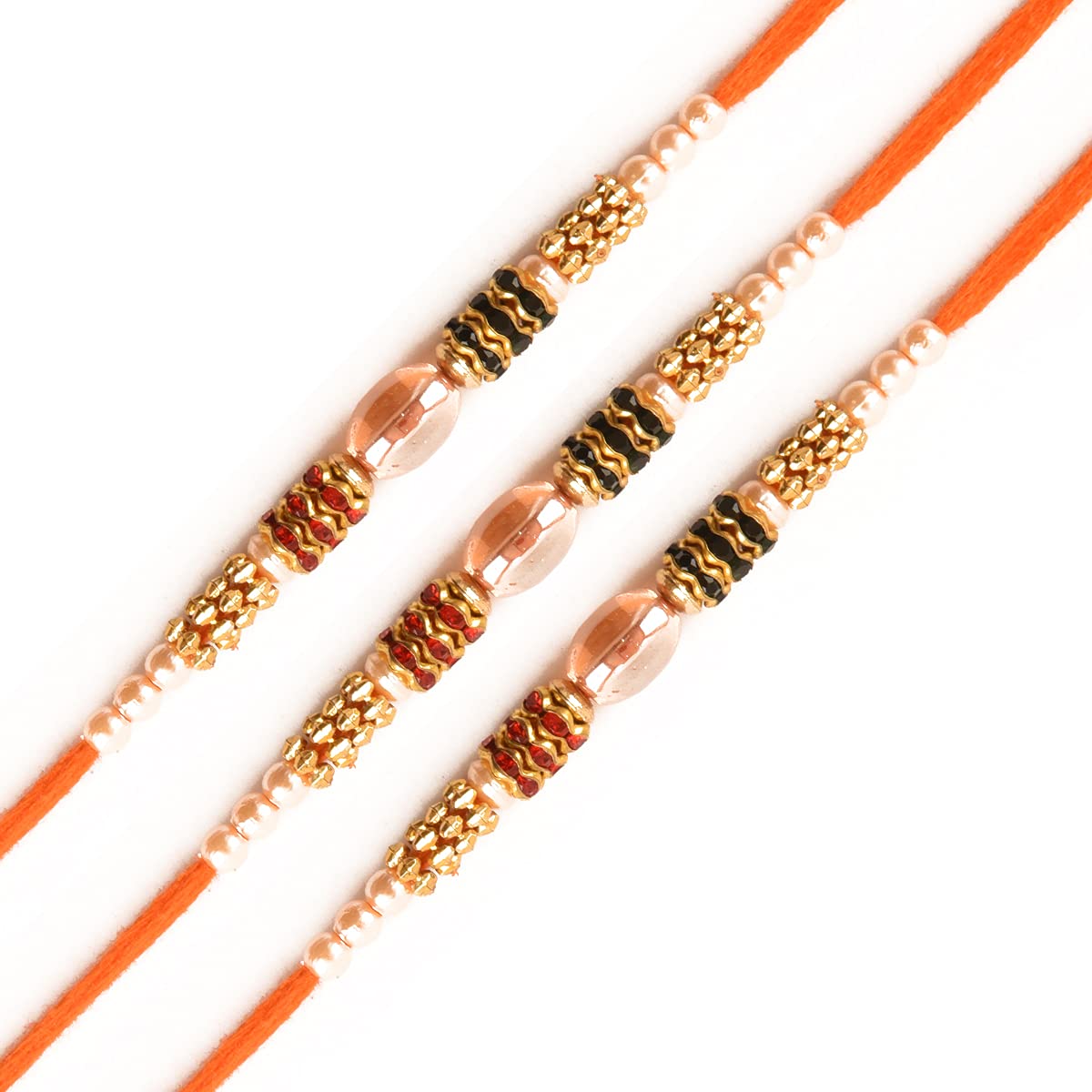 Swastikartingeleg�nt - Red & Green Rose Gold Oval Shape Pearl Rakhi