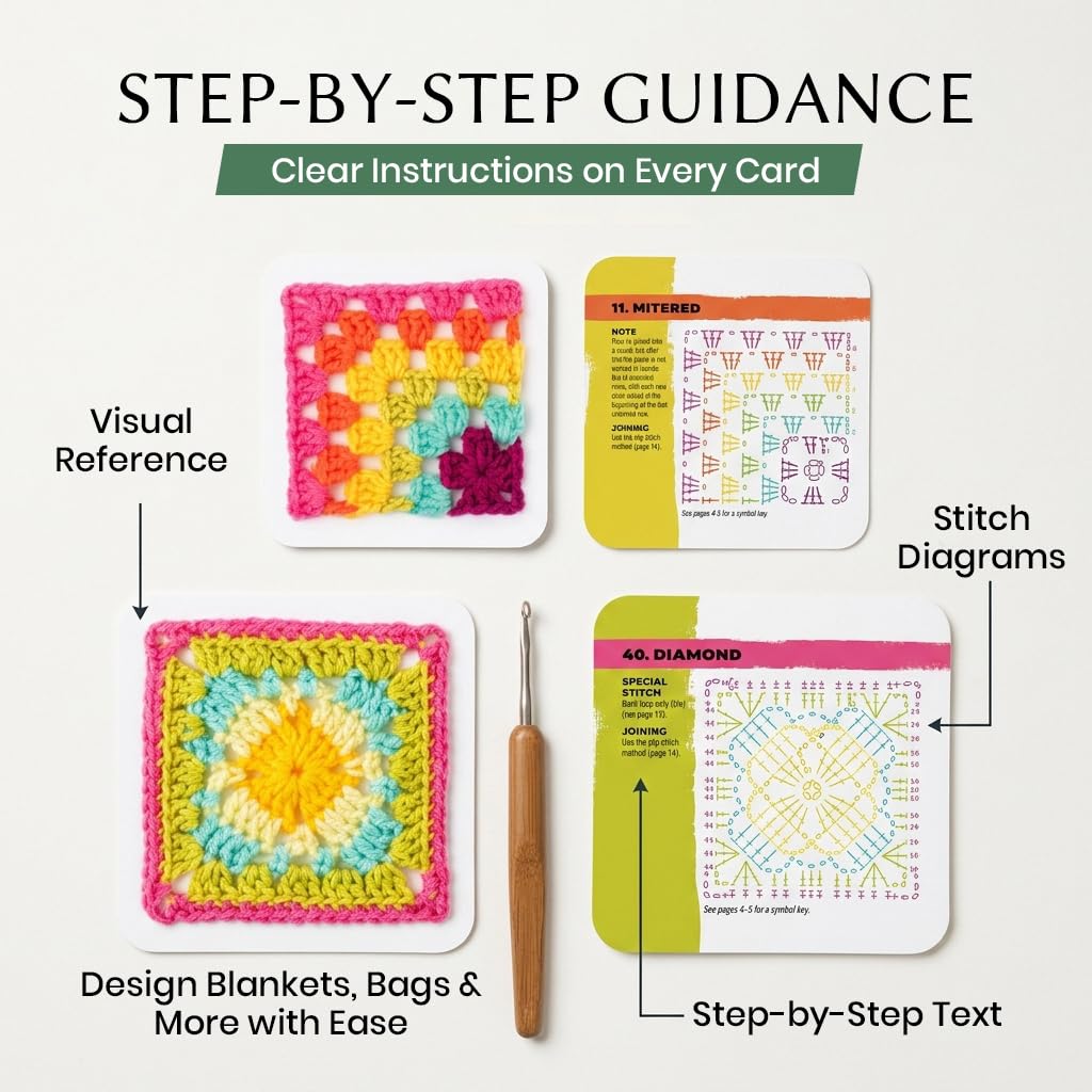 HASTHIP® Granny Square Knitting Pattern Card Deck, 50 Mix-and-Match Crochet Patterns, Granny Square Design Cards for Blankets, Bags & Accessories, Color Guide for Beginners & Advanced Crafters 4