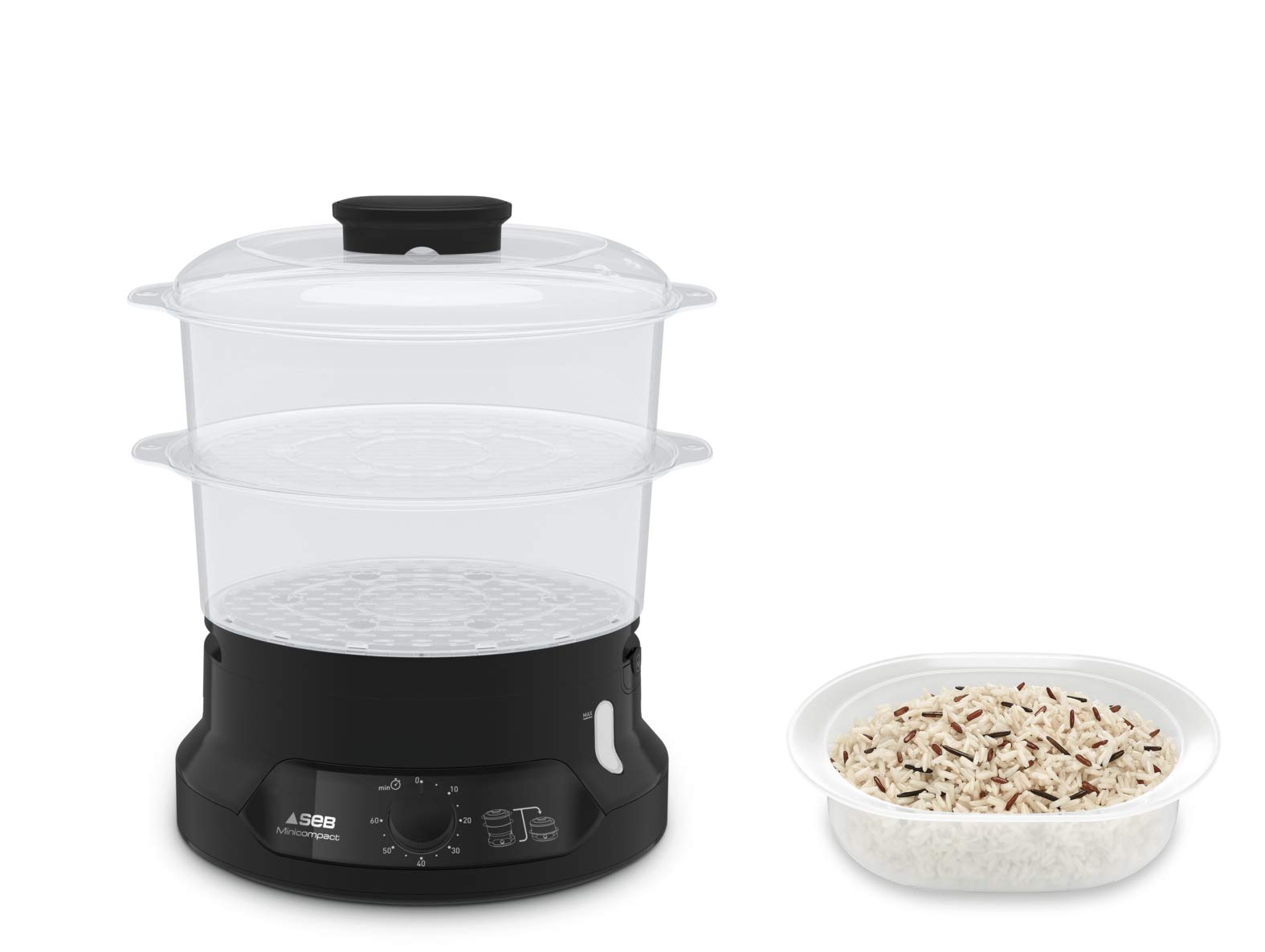 Seb Minicompact Cuiseur vapeur, Cuisson saine, 6 L, 800 W, 2 bols empilables, Bac à riz et céréales, Minuteur 60 min, Arrêt automatique, Niveau d'eau visible, Facile à ranger VC139800