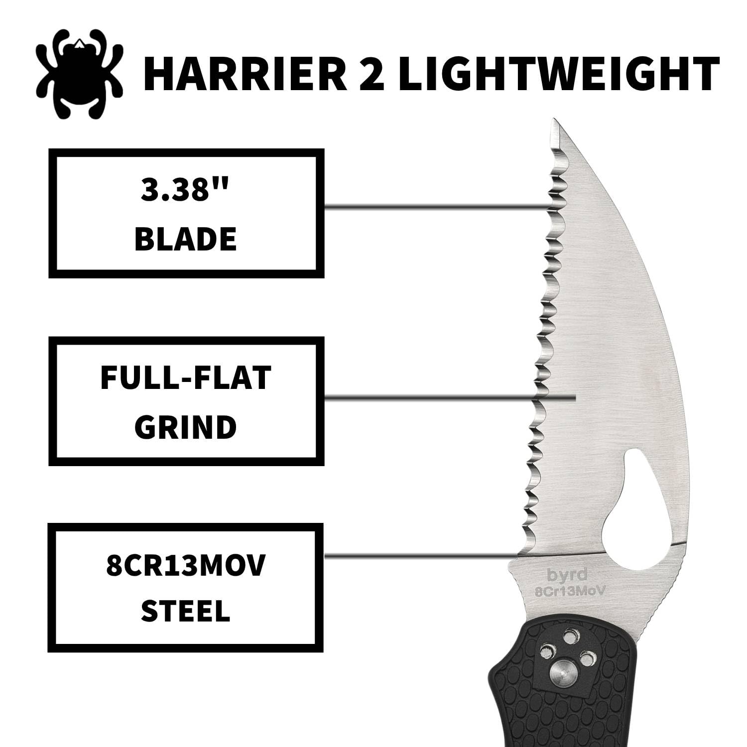 Spyderco Byrd Harrier 2 Lockback | 19,4 cm Gesamtlänge, 8,6 cm 8Cr13MoV-Stahlklinge, FRN-Griff, Rückenverriegelung, vollflächiges Mahlen