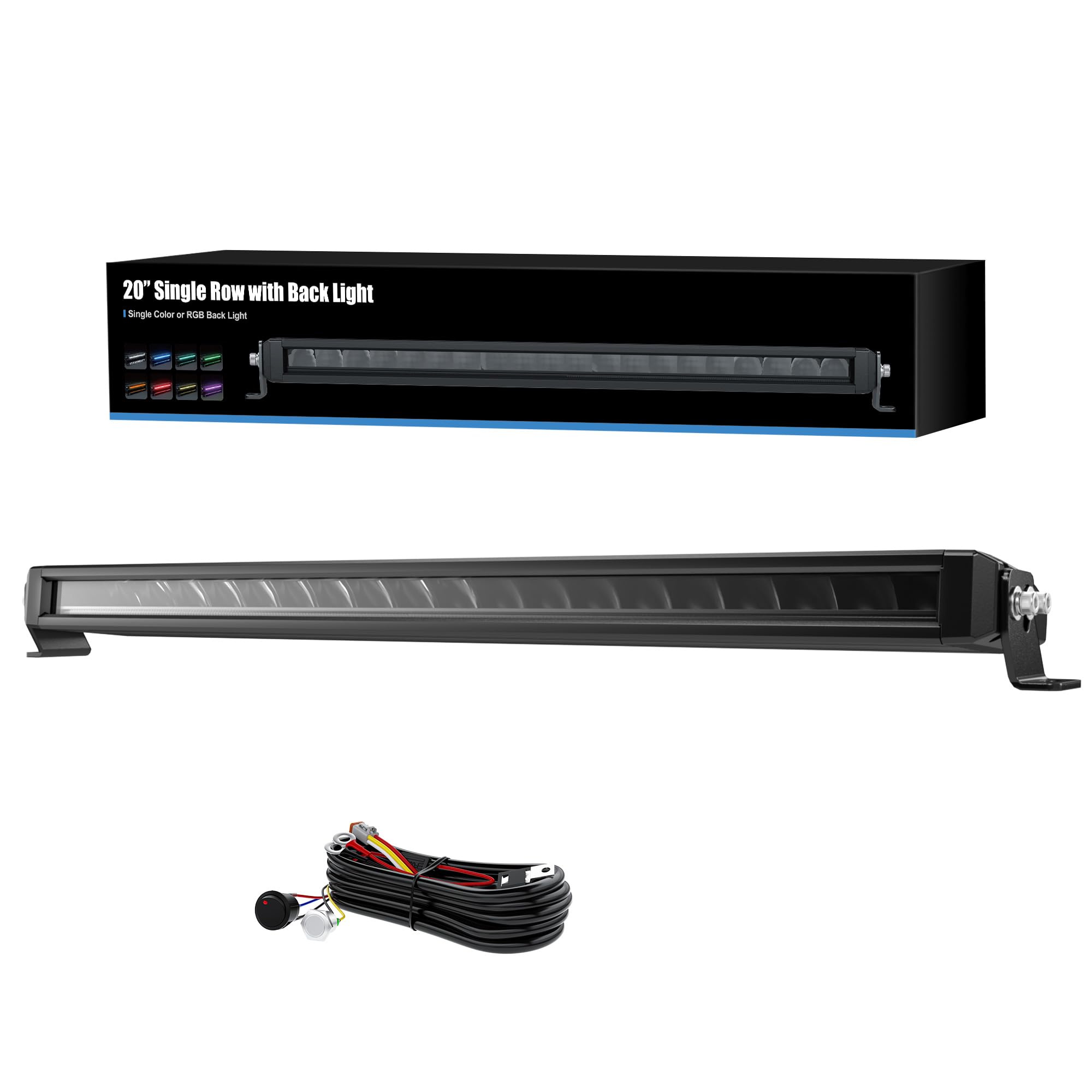 4WDKING 20 Inch Slim LED Light Bar with RGB Accent Lighting, Screwless Design, IP68&IP69K Waterproof, 100W Off Road Driving Lamp with 10FT Wire Harness for Truck/Pickup/ATV/UTV/SUV/Golf Cart/Boat