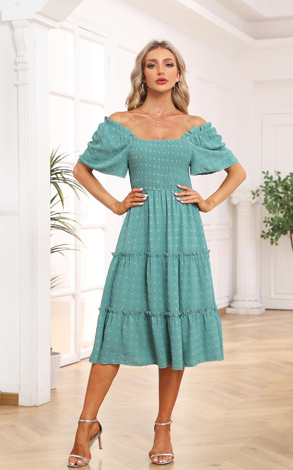 Women's Casual Summer Dress 2026 Square Neck Flutter Sleeve Smocked Tiered Midi Dress Swiss Dot Boho Flowy Dresses - Image 4