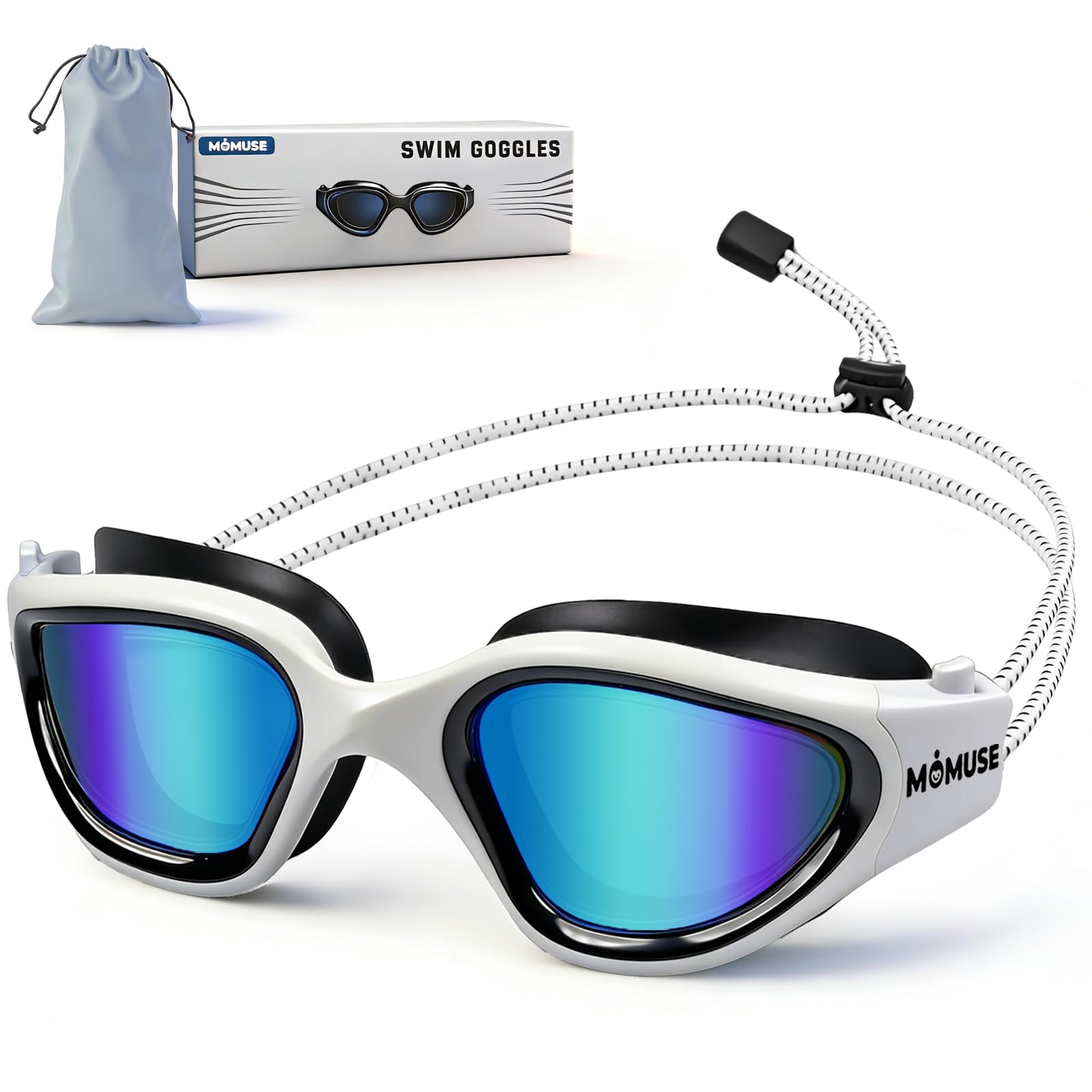 MOMUSE Gafas de Natación Adultos Cordón Elástico Cómodo, Protección UV, Sin Tirar Cabello Antiempañantes. Gafas Piscina Hombre Mujer, Campo Visión Amplio Piscina, Playa, Entrenamiento