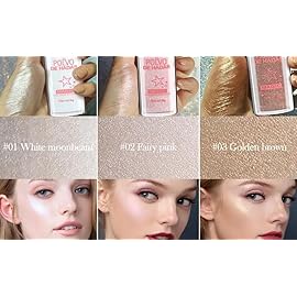 3 Colors Glitter Powder Highlighter Makeup, Body Brightens the Natural Three-Dimensional Face Blusher Fairy Highlight Patting Powder. (01White Moonbeam/04 Green/05 Gold)