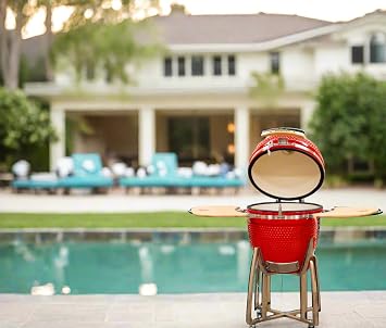 21 Kamado Grill COALS by Comfortbil Charcoal Ceramic Grill Smoker with Cart, Side Shelves and 412 Cooking Square Inches in Red