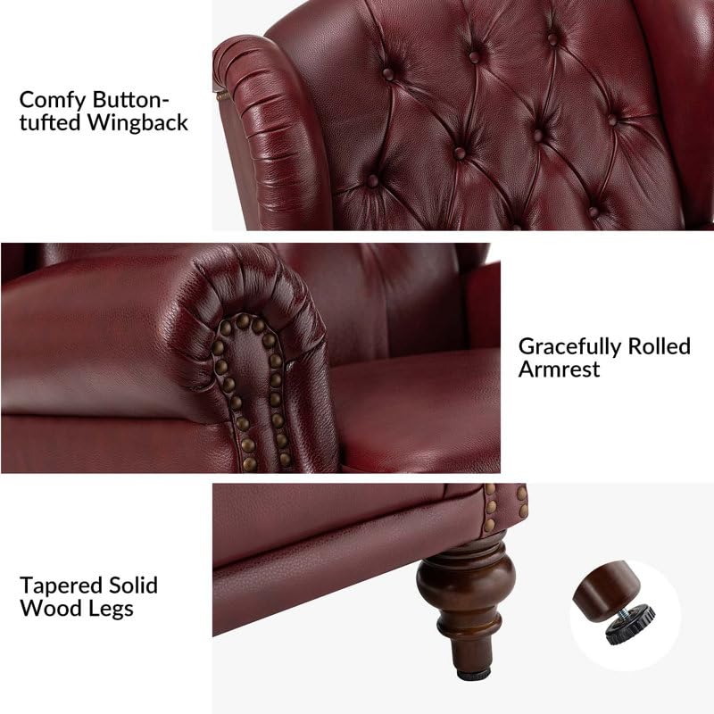 Image of Amyri 33 inch Wide Faux Leather Wingback Armchair with Button-Tufted Backrest (Burgundy)