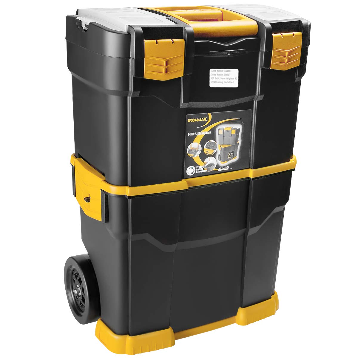 GYMAX Caja de Herramientas 3 en 1, Taller móvil con 2 Cajones de Taller, Bandeja de Almacenamiento Desmontable, Carro Apilable con Asa, Ruedas, Cierres, Negro + Amarillo, 46 × 28 × 66,5 cm