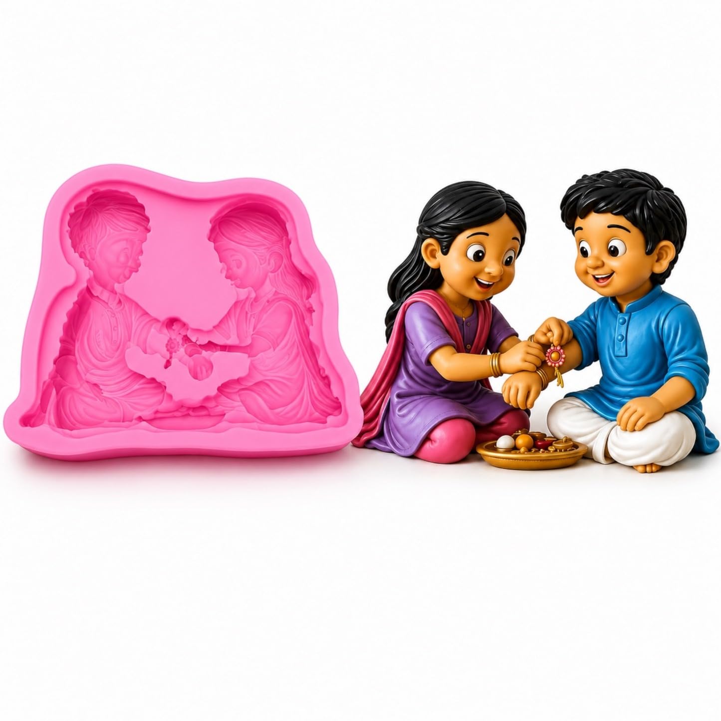 UG LAND INDIA 3D Raksha Bandhan Brother Sister Silicone Mold for Candle Making | DIY Epoxy Resin, Wax, Soap, Jesmonite, Plaster of Paris, Cement & Clay Casting Mold | Reusable Food-Grade Style Silicone Craft Mold for Home Decoration & Festival Gift Making-image-3