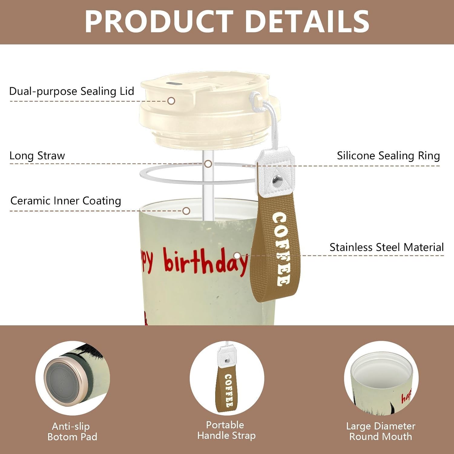 Monster Funny Daisy Insulated Coffee Mug with Straw & Flip Lid, 16.9oz Iced Tumbler Cup, Double Wall Vacuum Leak-Proof Mug for Travel Office
