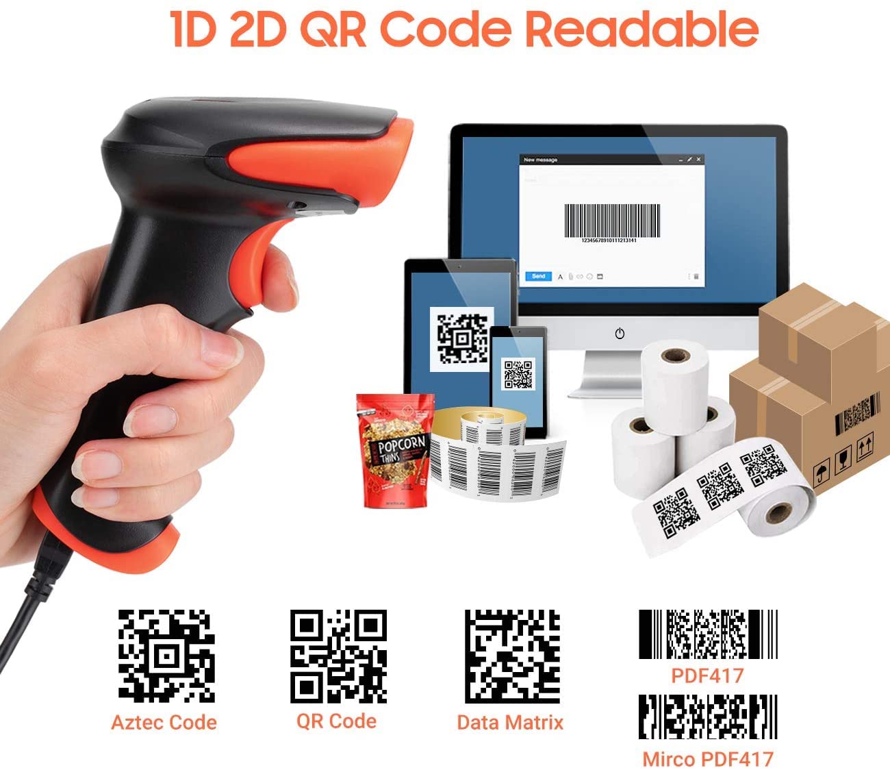 Tera Skaner kodów kreskowych 2D 1D 3 w 1, bezprzewodowy skaner kodów kreskowych 2,4 GHz/Bluetooth/USB, czytnik kodów kreskowych, HW0002-O