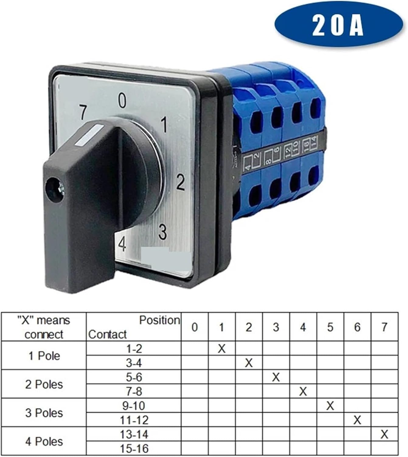 0-7/0-8 Positions LW26-20/4 Panel 20A 4 Poles Control Electronic Starter Circuit Changeover Rotary Cam Switch(0-7 Positions)