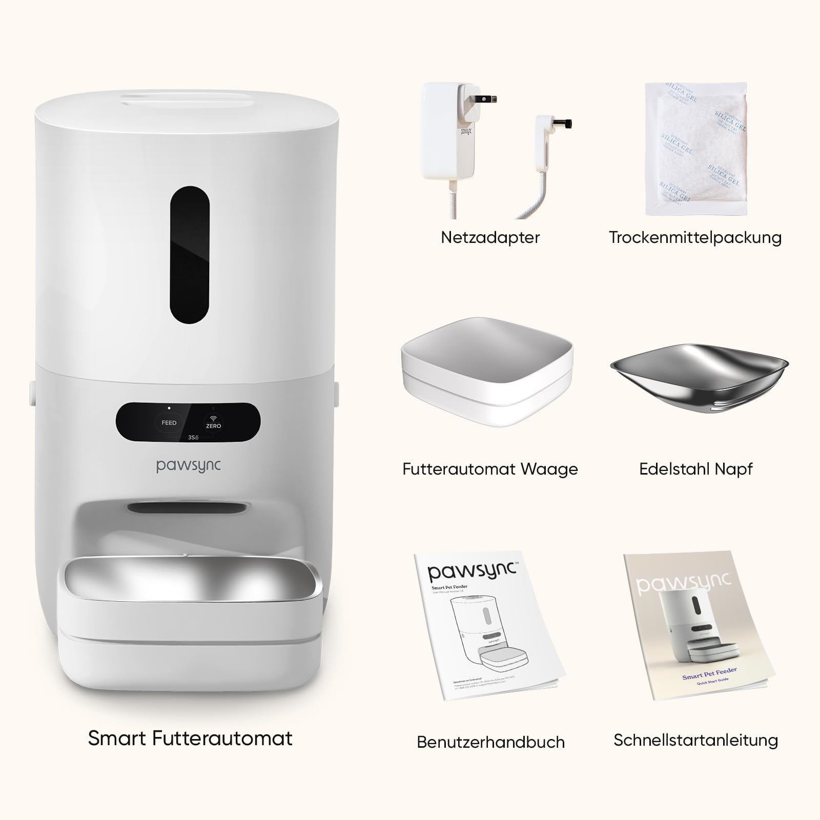 Pawsync Smart Futterautomat, Farbwechselnde Erinnerung, Haustierfutter-Trockenmittel hält Futter trocken & frisch, bis zu 3 Monate, App-Benachrichtigungen, Cremeweiß