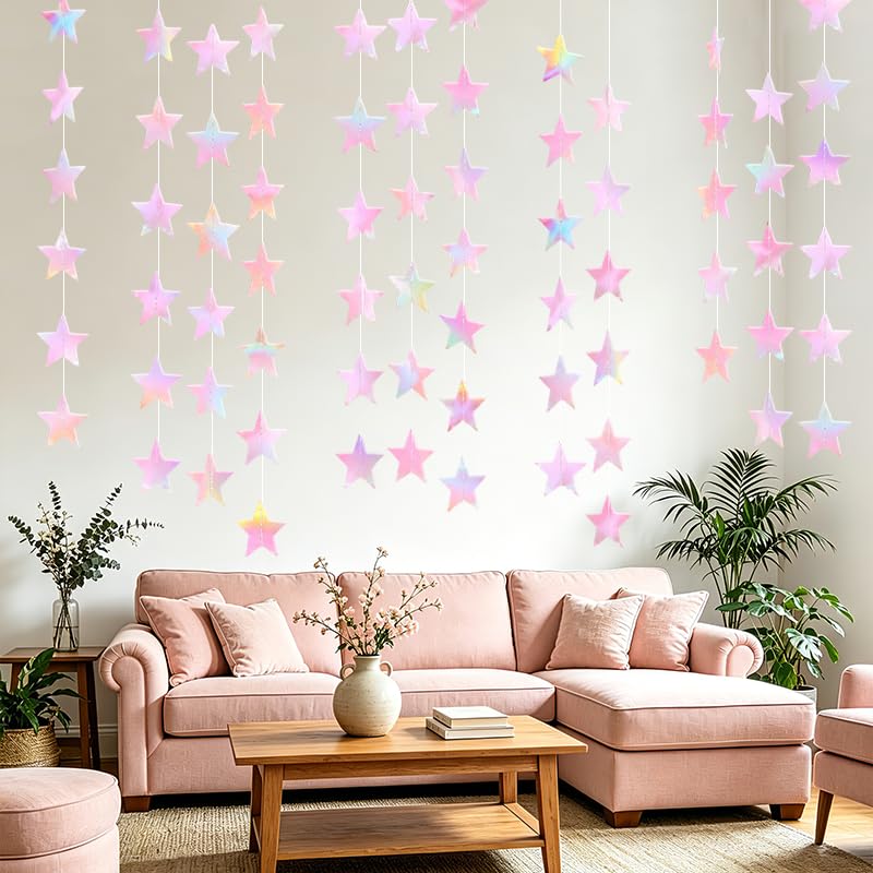 Image of Iridescent Pink Shining Star Hanging Garland Pink Holographic Hanging Sparkling Star Streamer Glitter Star Banner Twinkle Star Backdrop for Wedding Baby Shower Birthday Christmas Decorations 40 Feet