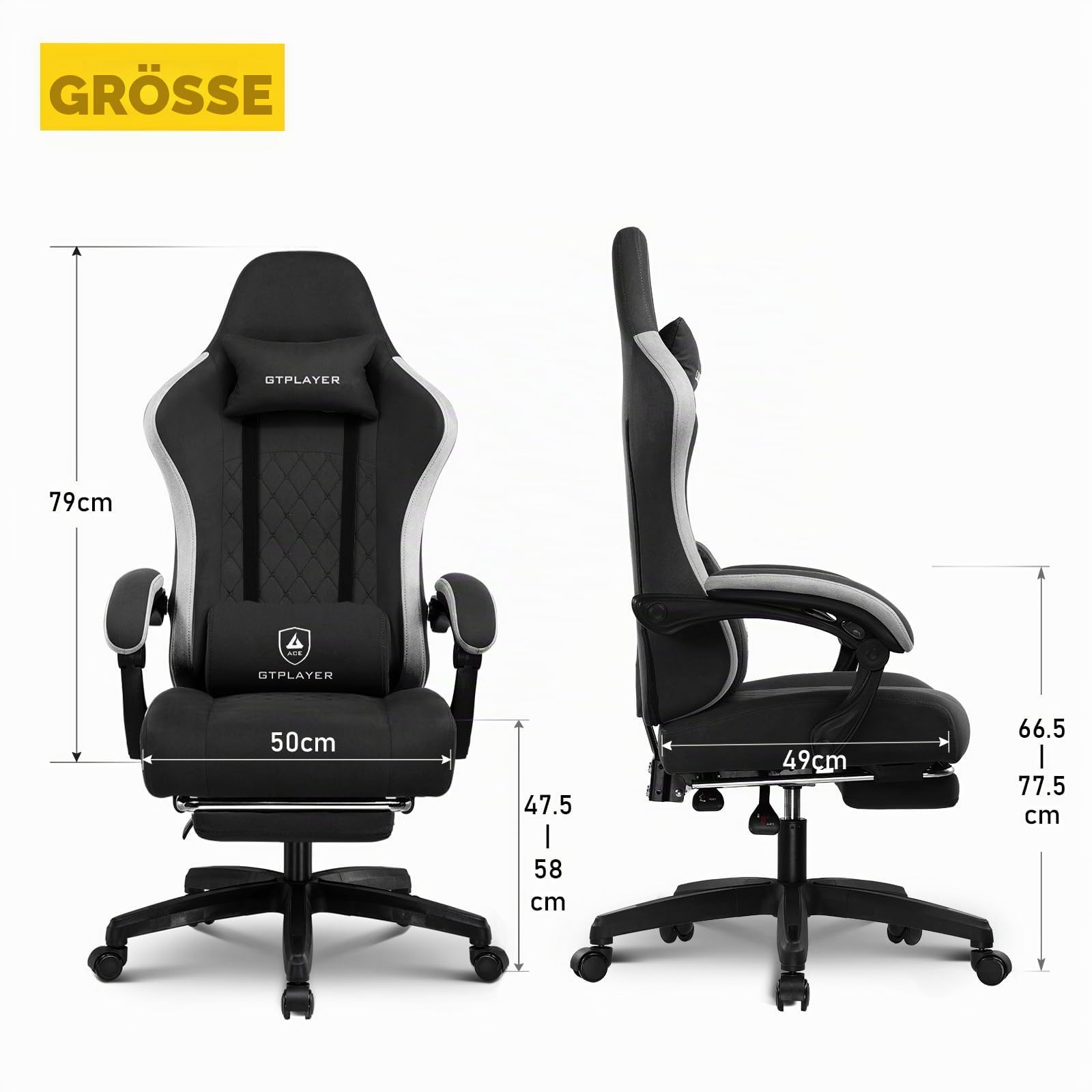 GTPLAYER Gaming Stuhl Ergonomischer Sessel mit Stoffoberfläche, Federsitzkissen, Armlehnen und Fußstütze 150KG, hellschwarz