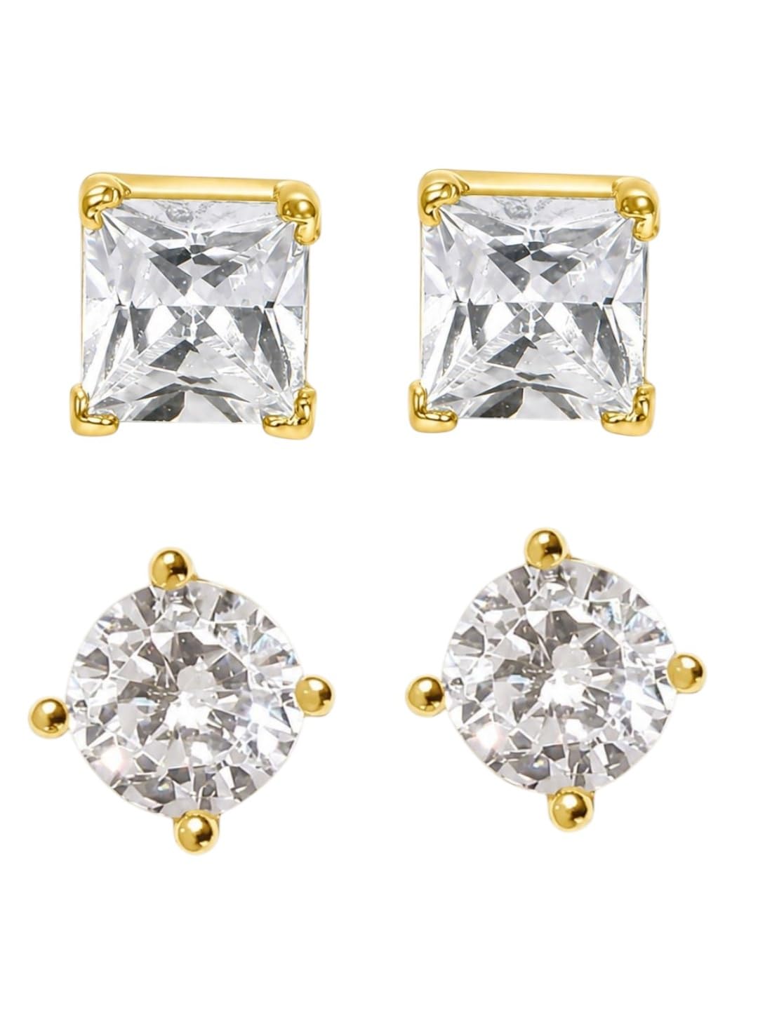 oomph Jewellery Combo of 2 Gold Stud Earrings For Men Stylish - Solitaire Cubic Zirconia - Small Square & Round Shape-picture-31