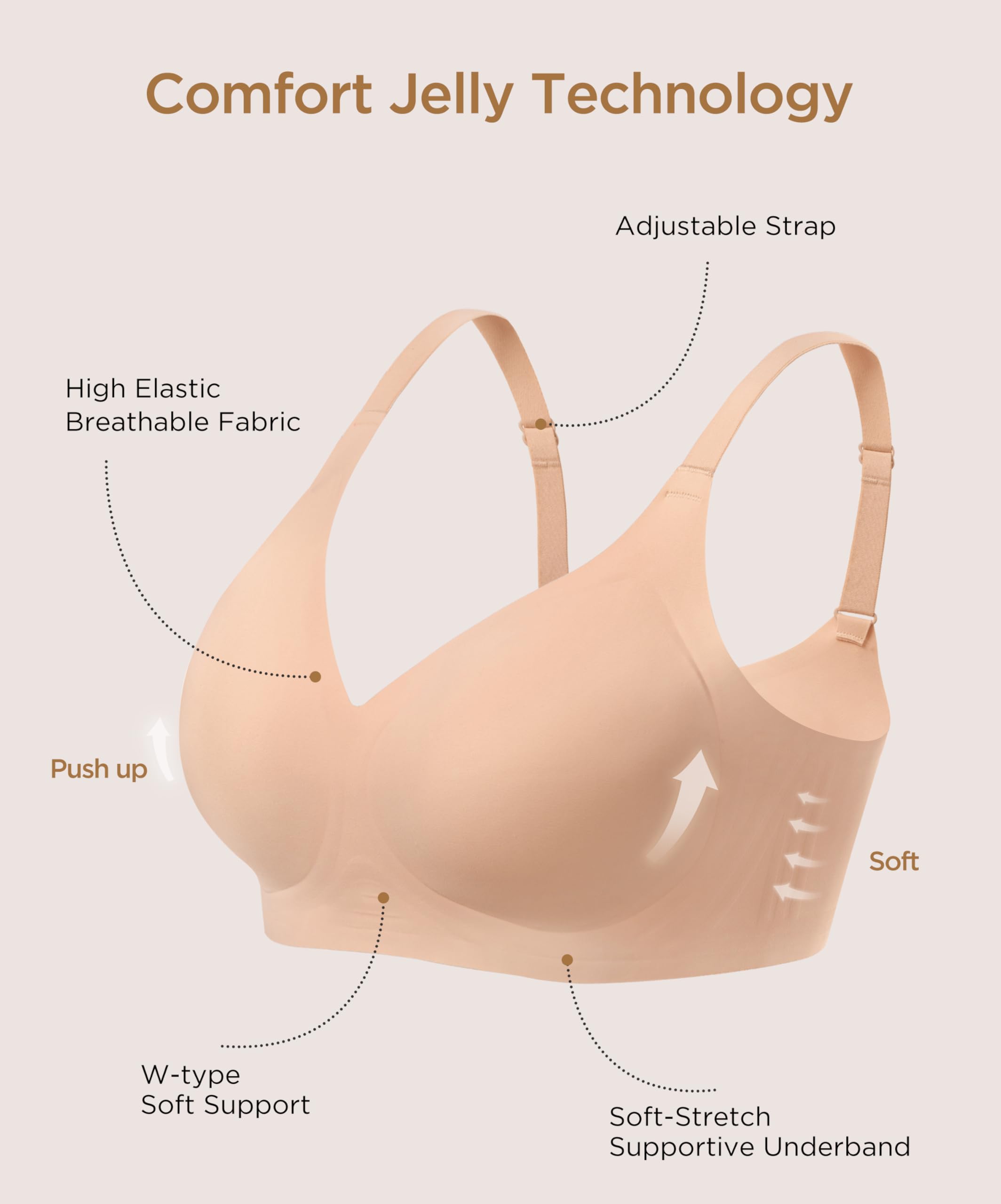HBselect Reggiseno Senza Ferretto V Collo Morbido e Traspirante Comfy | Seamless Push Up Imbottito Morbido Bra Senza Cuciture con Jelly Strip T-Shirt Bralette con Estensione