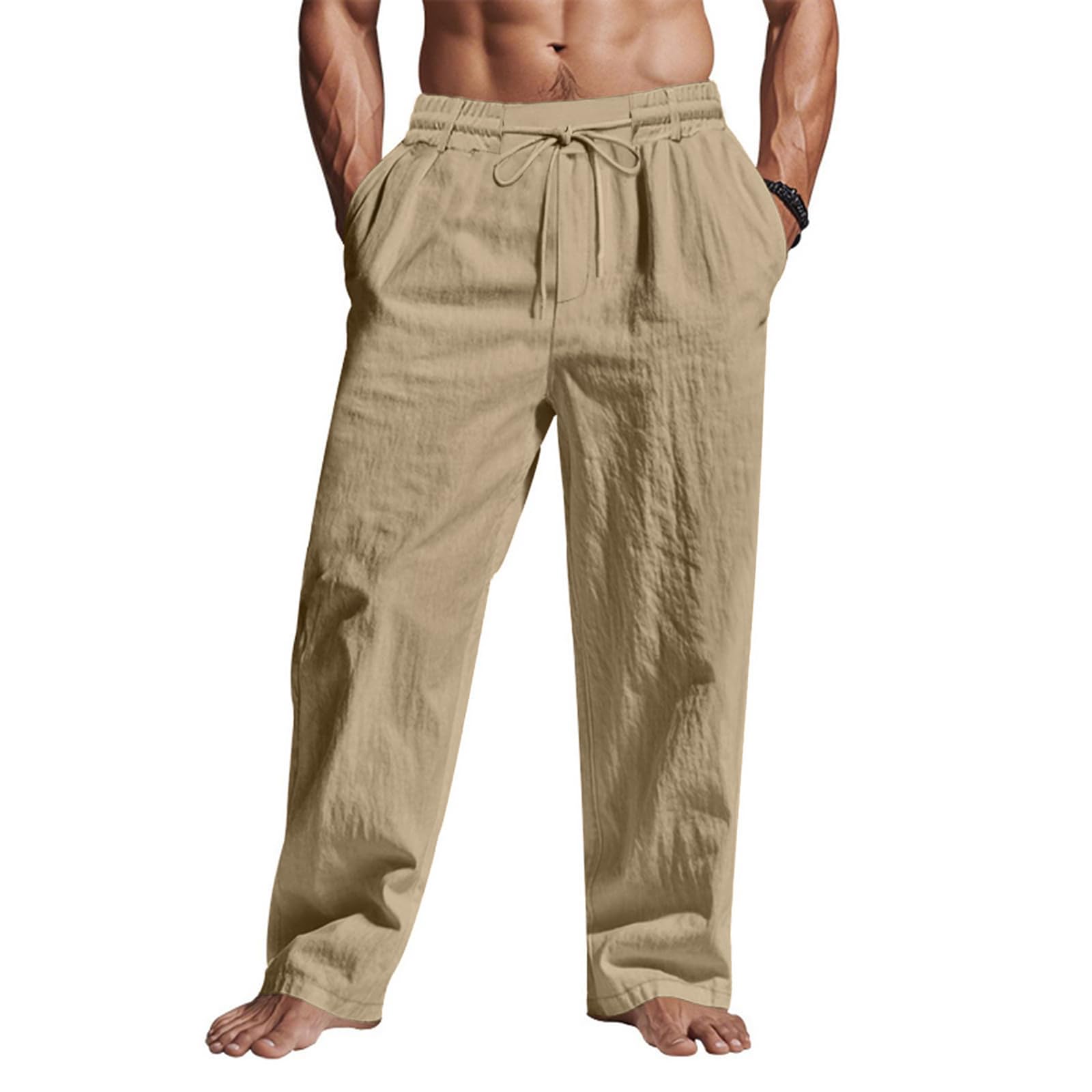 Puimentiua Men Casual Cotton Linen Pants, Elastic Drawstring Waist Summer Trousers Loose Fit Lightweight Beach Lounge Pants
