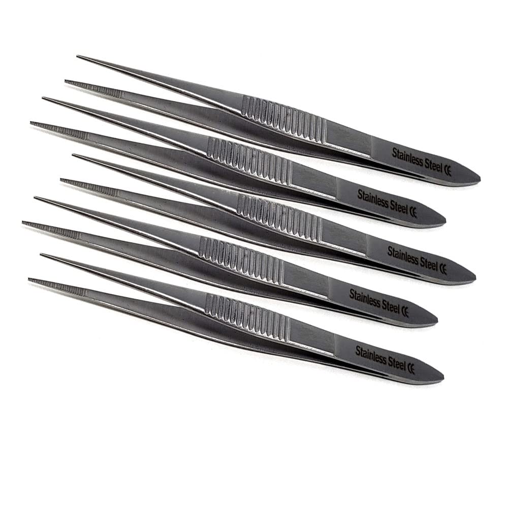 Precision Tweezers 5 Pcs Stainless Steel with Fine Serrated Straight Tips Eyelash Setting, Rhinestone Picker Nail Art Tool 3.5" Long for Crystal Gem Placement on Nails, Clothes, Face, Craft