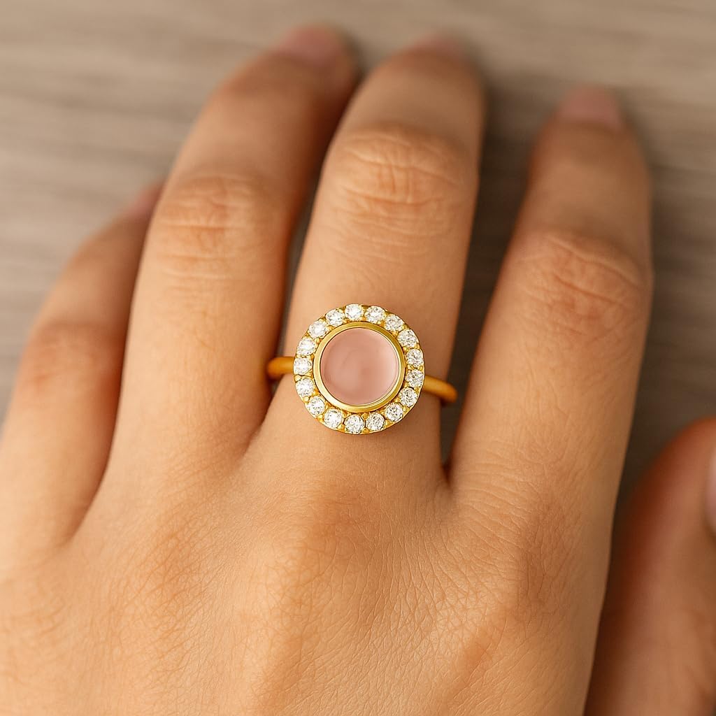 Cabochon Rose Quartz Halo Ring for Women 14K Yellow Gold Round Pink Stone Ring Vintage Halo Engagement Ring with CZ Diamonds Elegant Statement Jewelry Gift