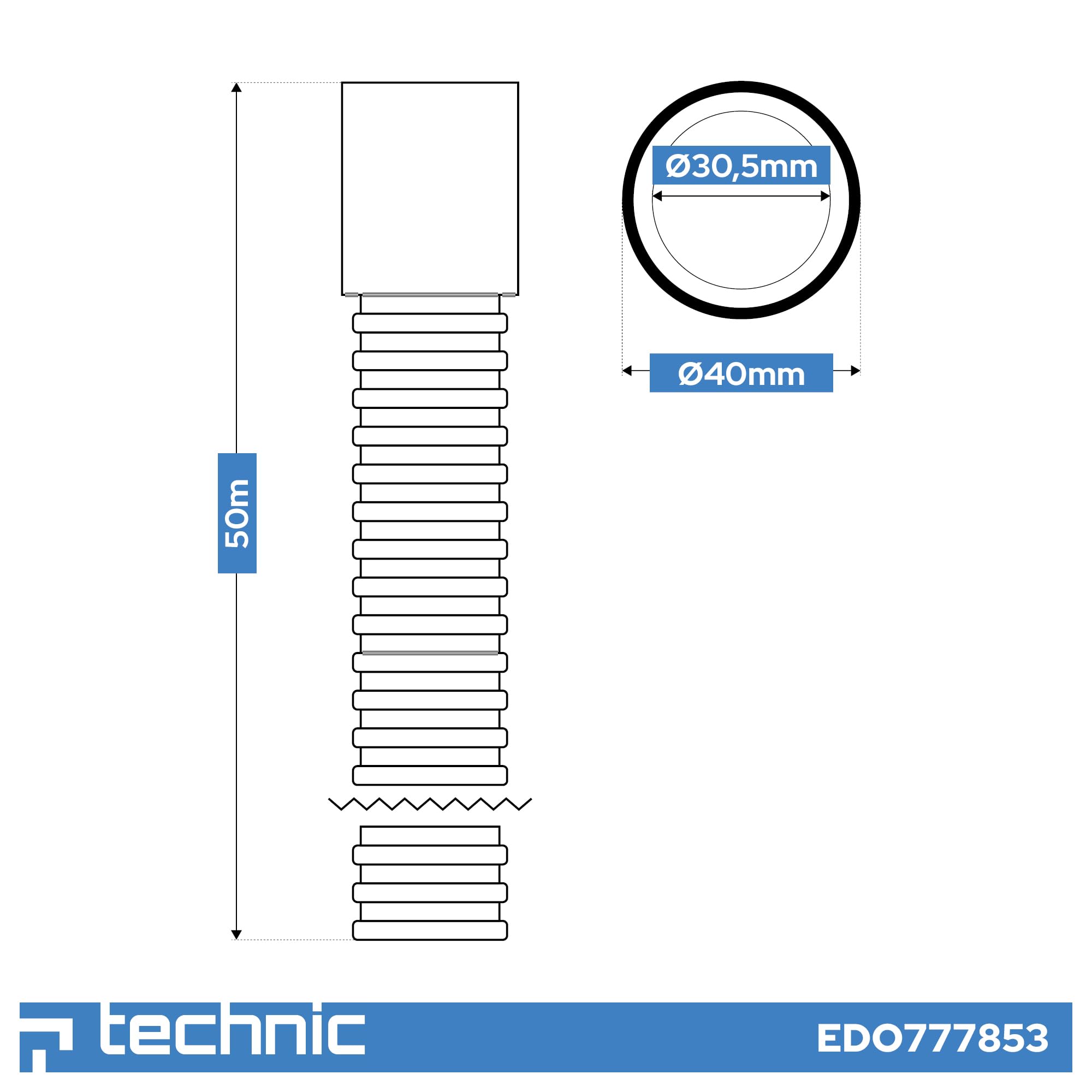 50 Metri -Tubo Corrugato Flessibile di Protezione Diametro 40mm (50 m) IP56 | Guaina Corrugata Doppia Parete con Sonda Passacavo per Interramento e Raccordo 450N Blu per Cavi - EDO Technic