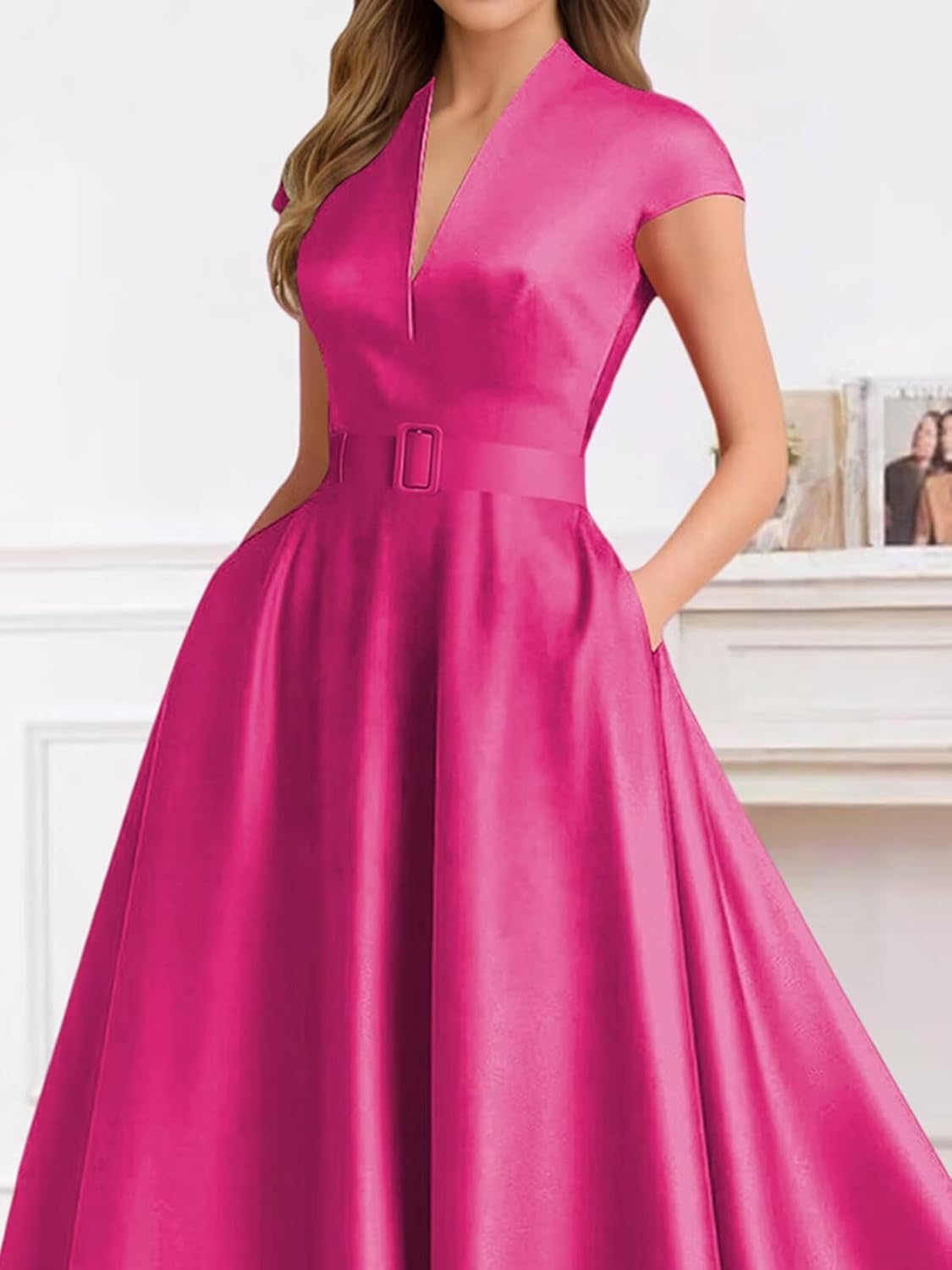 Tea Length Satin Mother of Bride Dresses for Women A Line Formal Wedding Guest Dress with Pockets Belt - Image 7